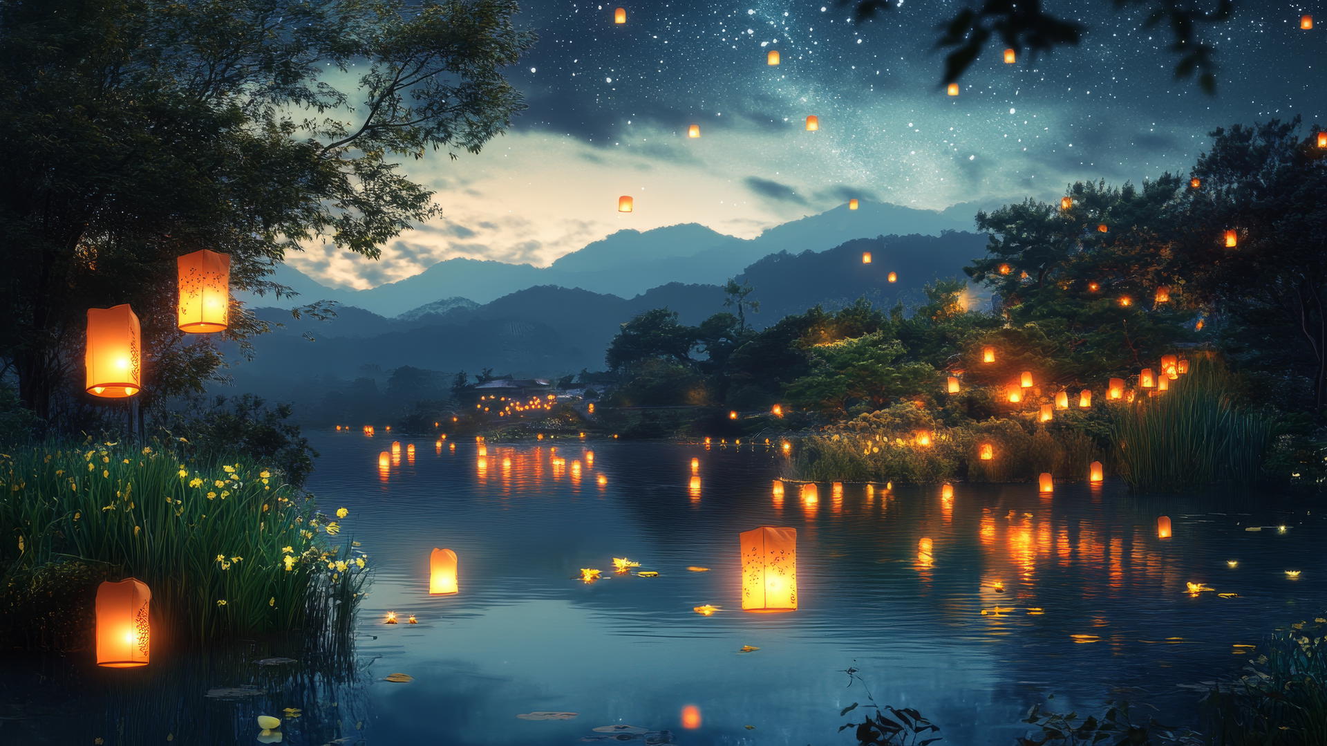 summer wallpaper aesthetic with floating lanterns over a tranquil lake