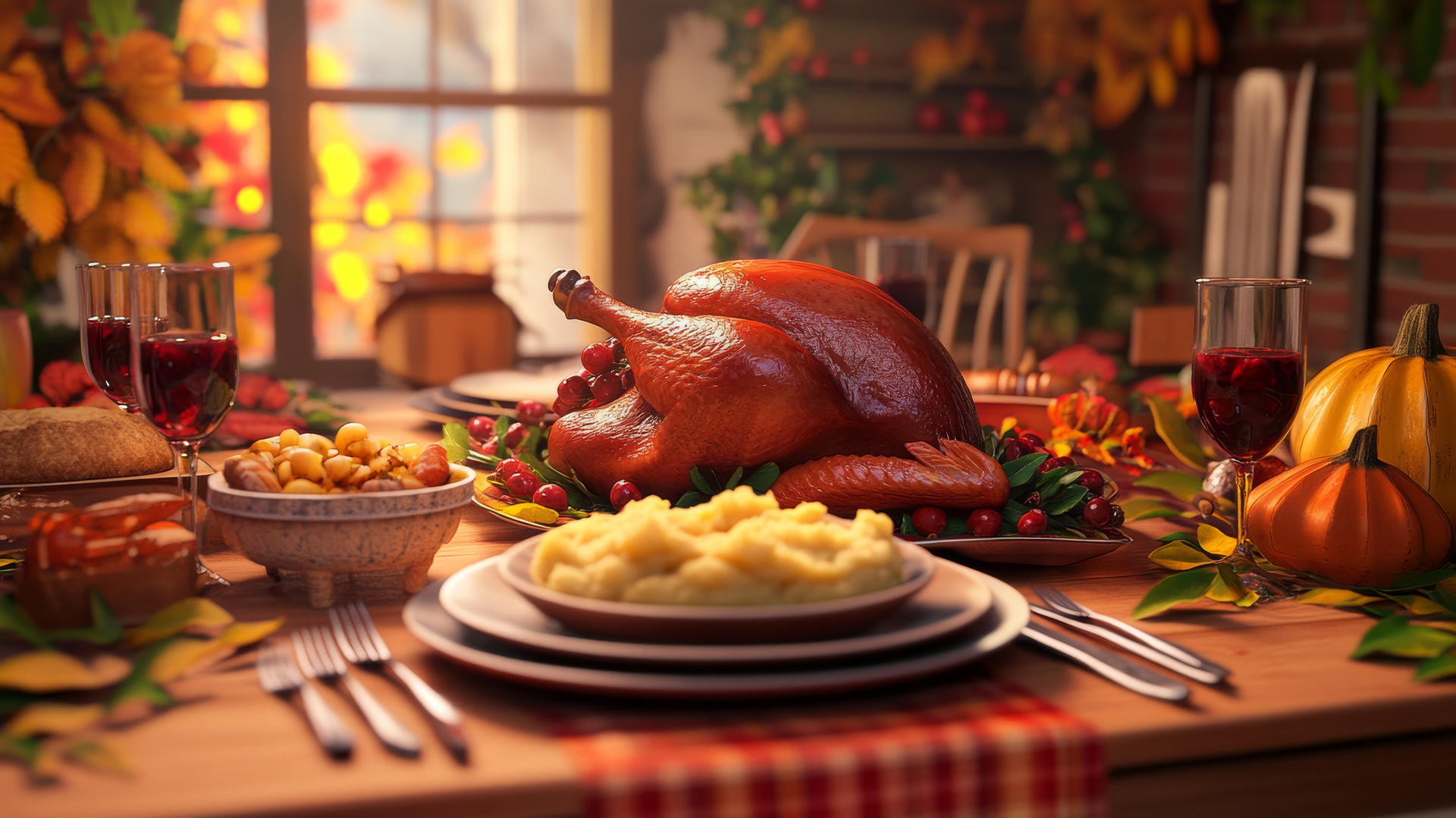 A cozy Thanksgiving dinner table with turkey, mashed potatoes, and fall decorations, thanksgiving wallpaper