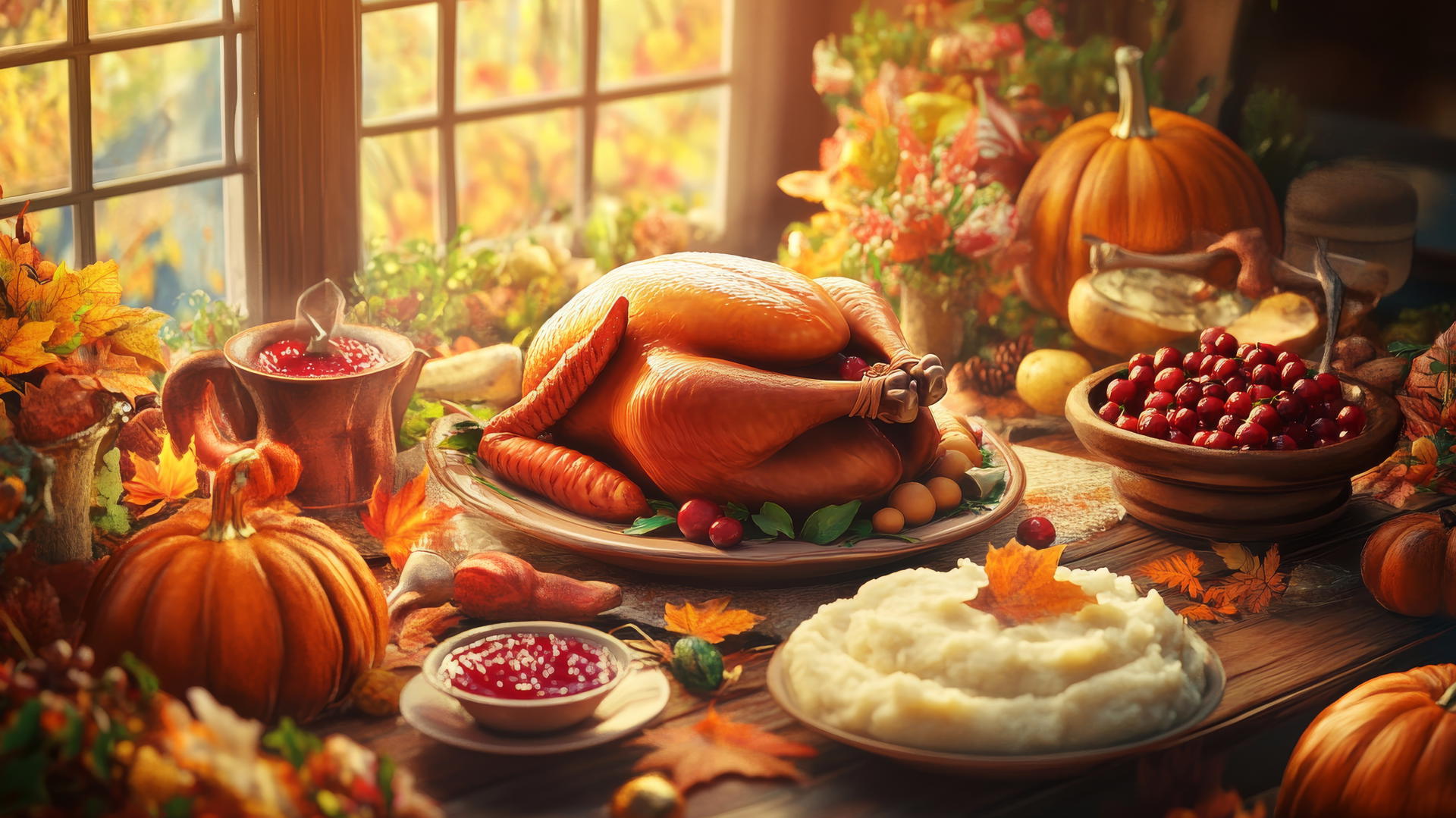 thanksgiving wallpaper with a cozy dinner table, turkey, mashed potatoes, cranberry sauce, and fall decorations