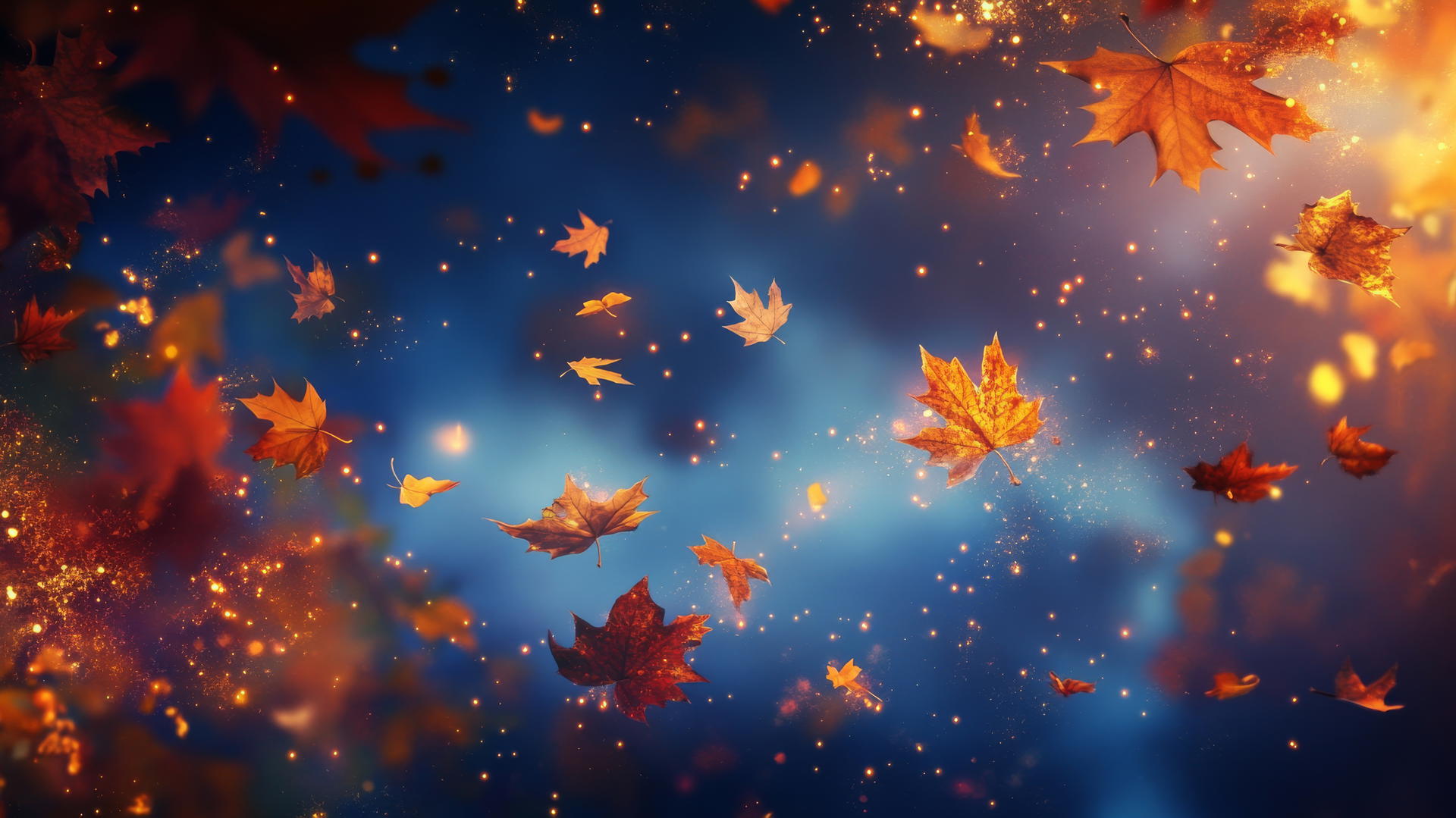 thanksgiving wallpaper with falling autumn leaves and swirling golden light against a twilight sky