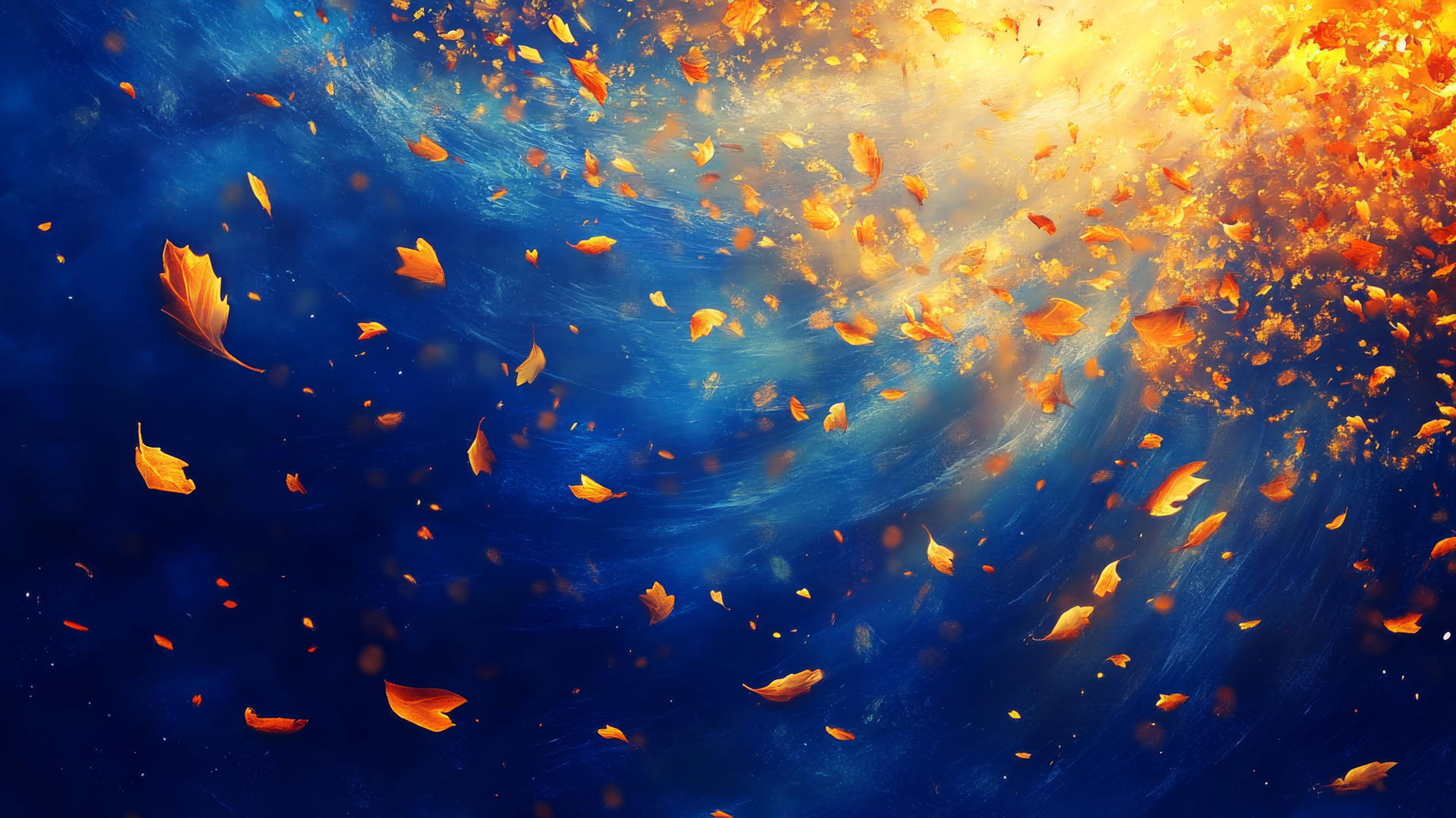 thanksgiving wallpaper with falling autumn leaves, swirling golden light, and deep blue twilight sky