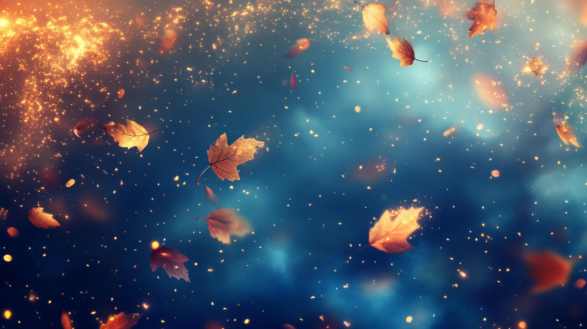 Thanksgiving wallpaper with falling autumn leaves and swirling golden light against a twilight sky