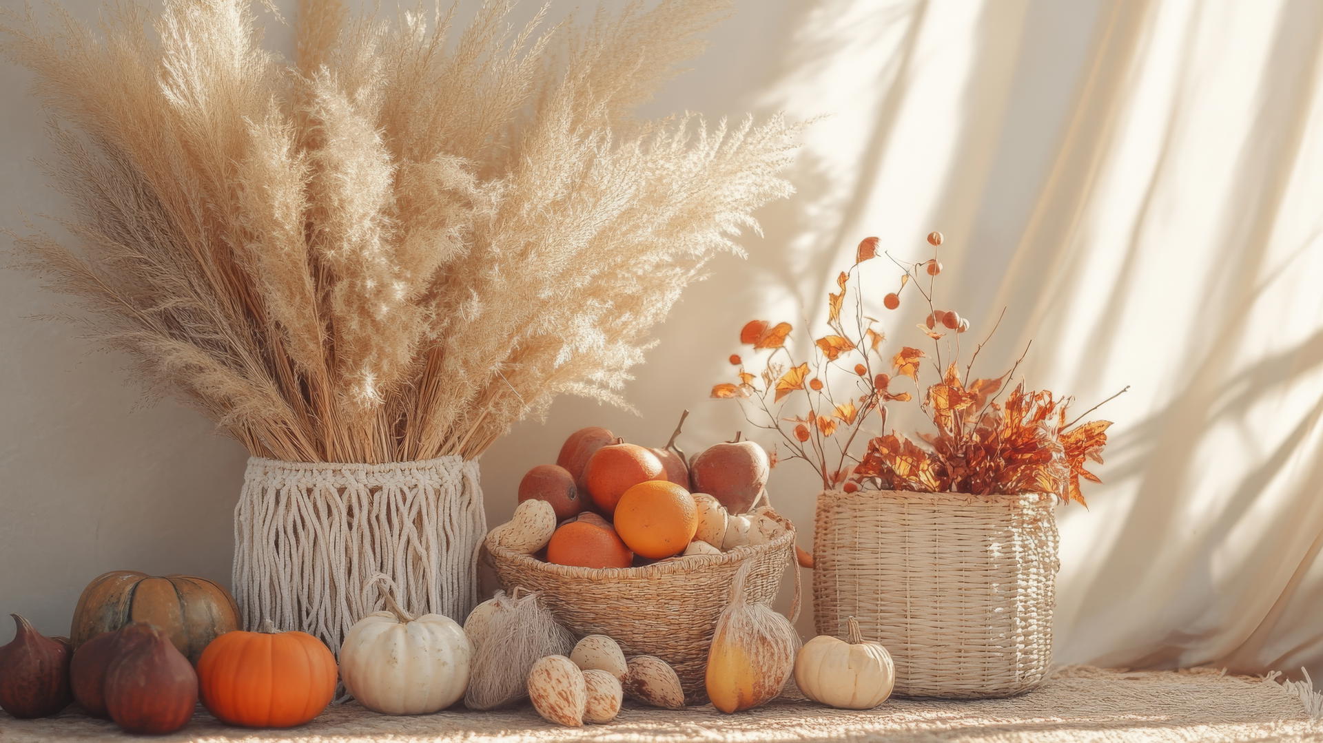 thanksgiving wallpaper aesthetic with macramé, pampas grass, woven baskets, and autumnal fruits