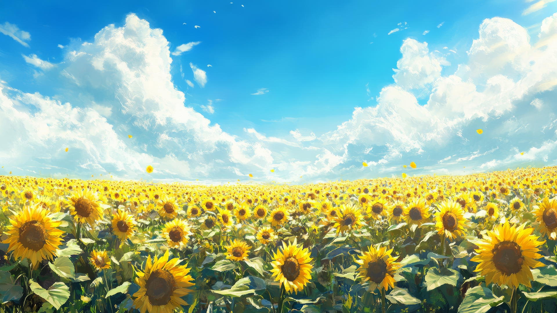A vast field of sunflowers swaying under a bright blue sky, summer wallpaper desktop