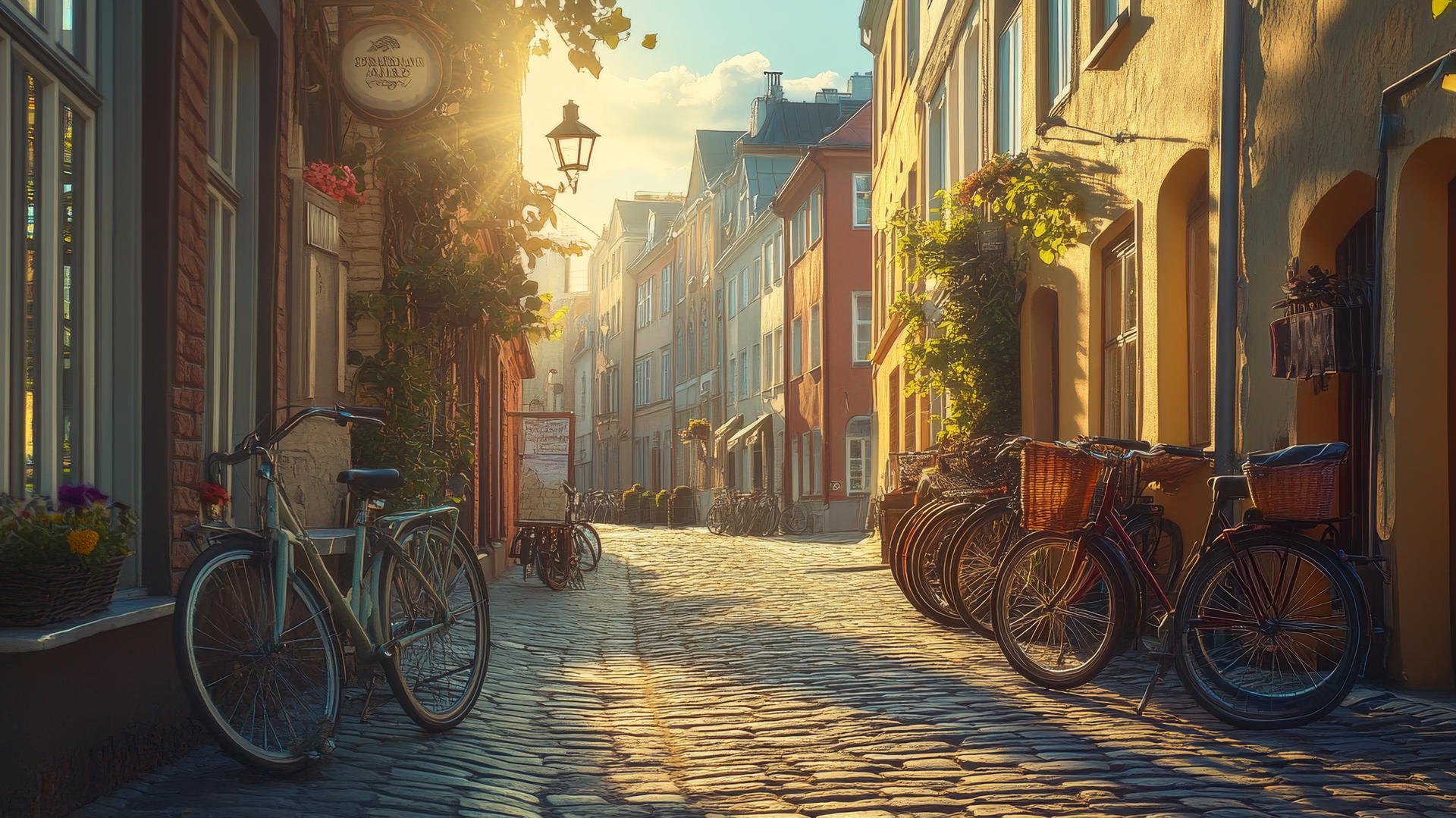 summer aesthetic wallpaper with sun-drenched cityscape and pastel buildings