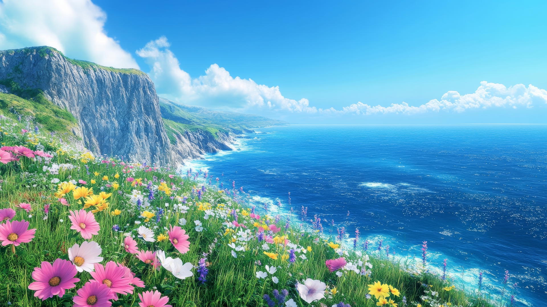 scenic coastal cliffside with wildflowers and ocean view under clear blue sky, summer aesthetic wallpaper