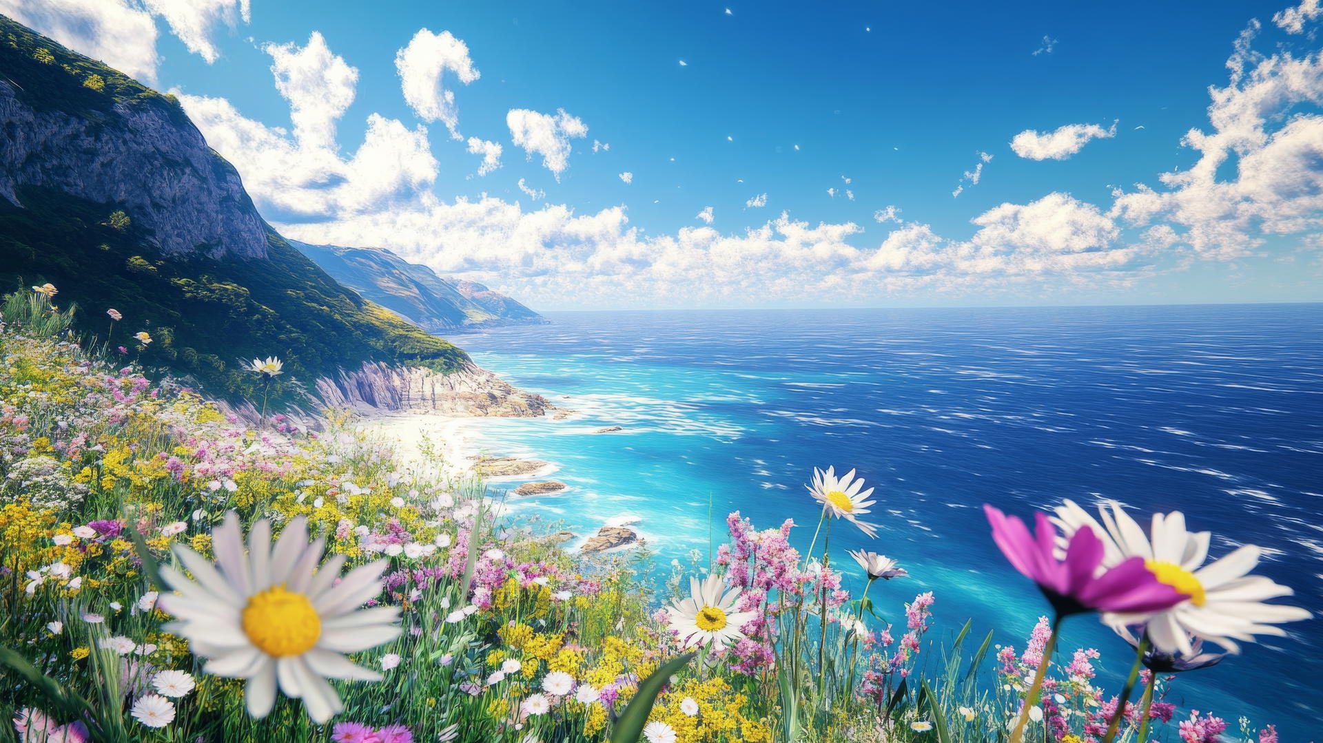 Summer aesthetic wallpaper of a scenic coastal cliffside with wildflowers and ocean vista