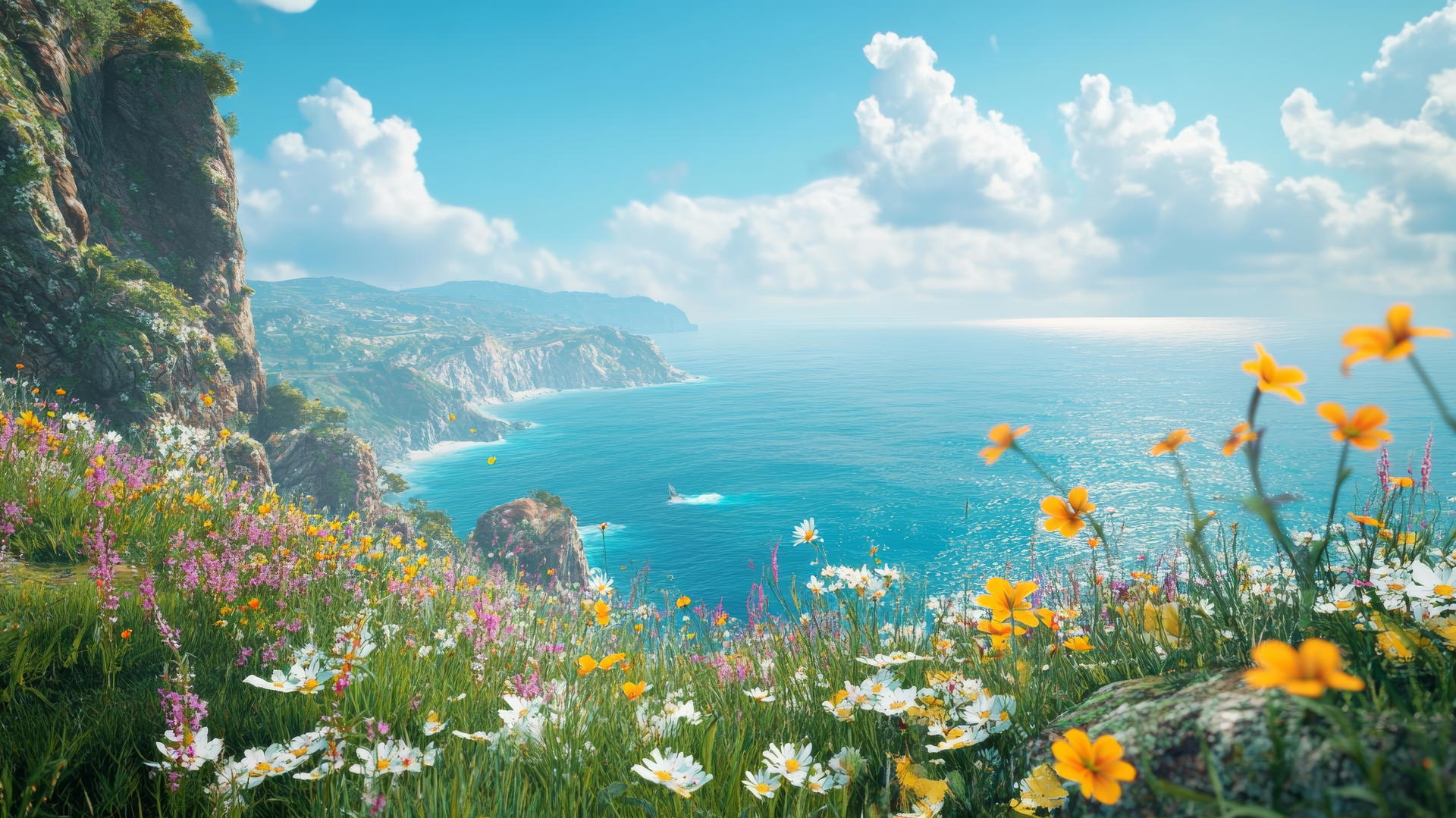 summer aesthetic wallpaper of coastal cliffs with wildflowers and ocean view