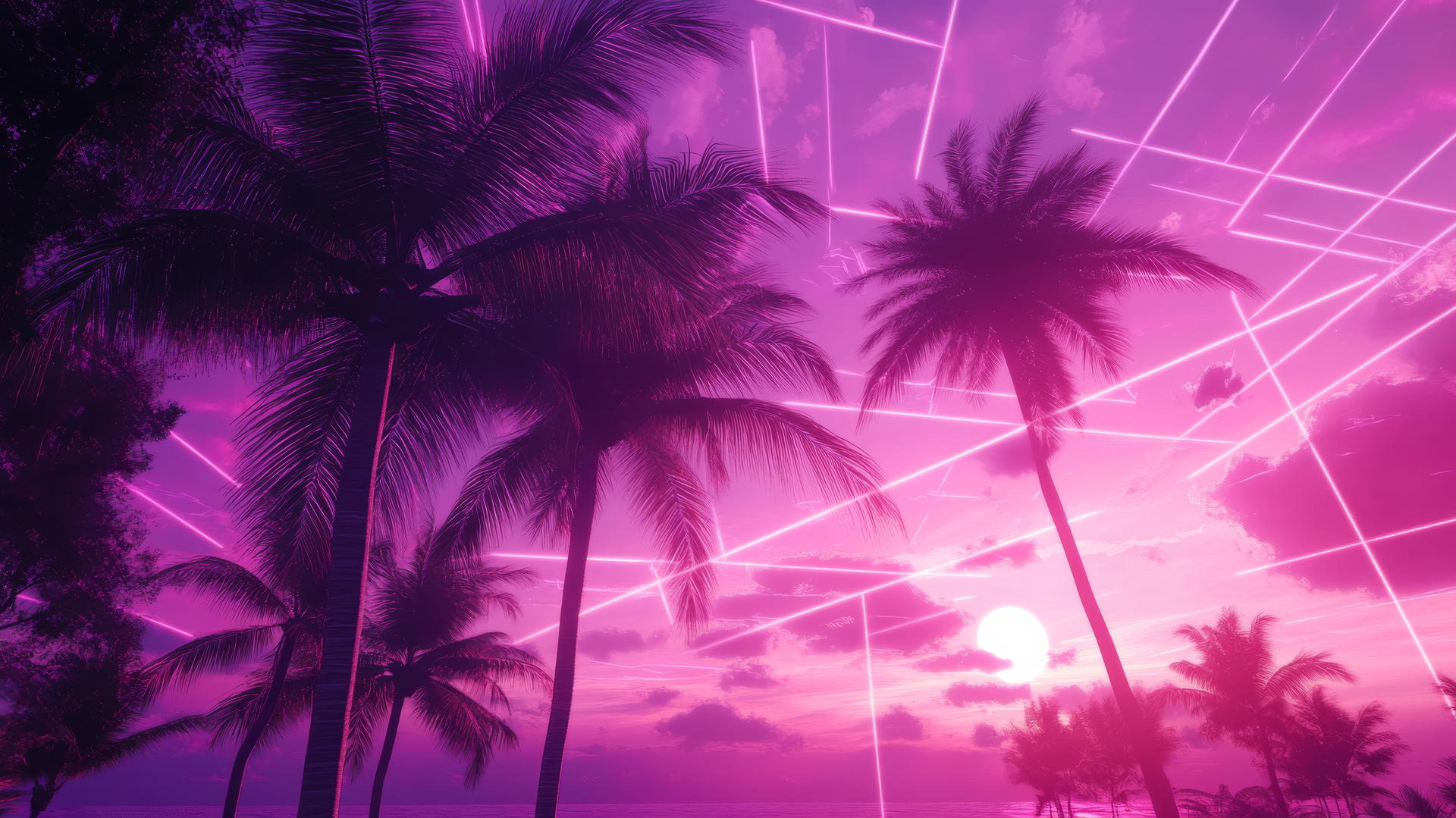 purple aesthetic wallpaper 4k with neon purple skies, palm trees, and digital grid lines