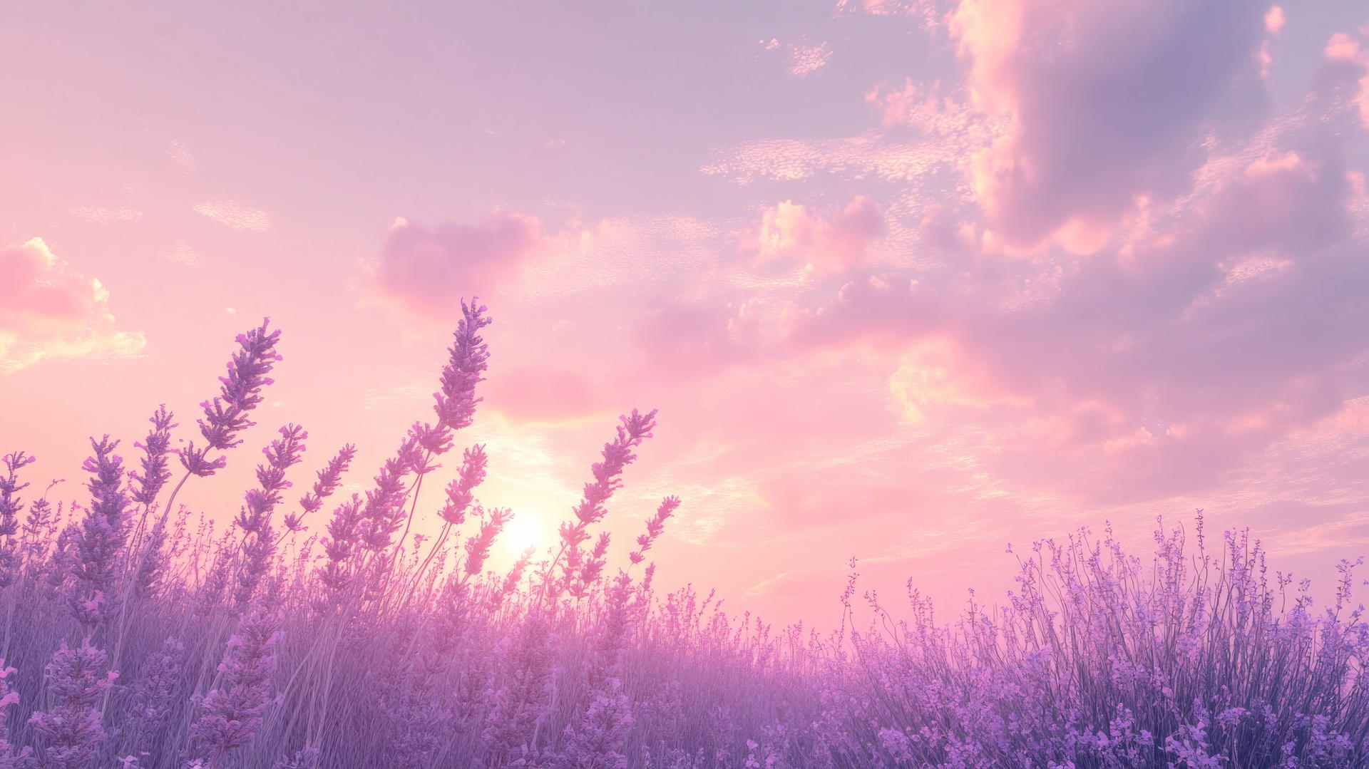 aesthetic purple wallpaper with lavender blooms, pastel clouds, and dreamy sunset