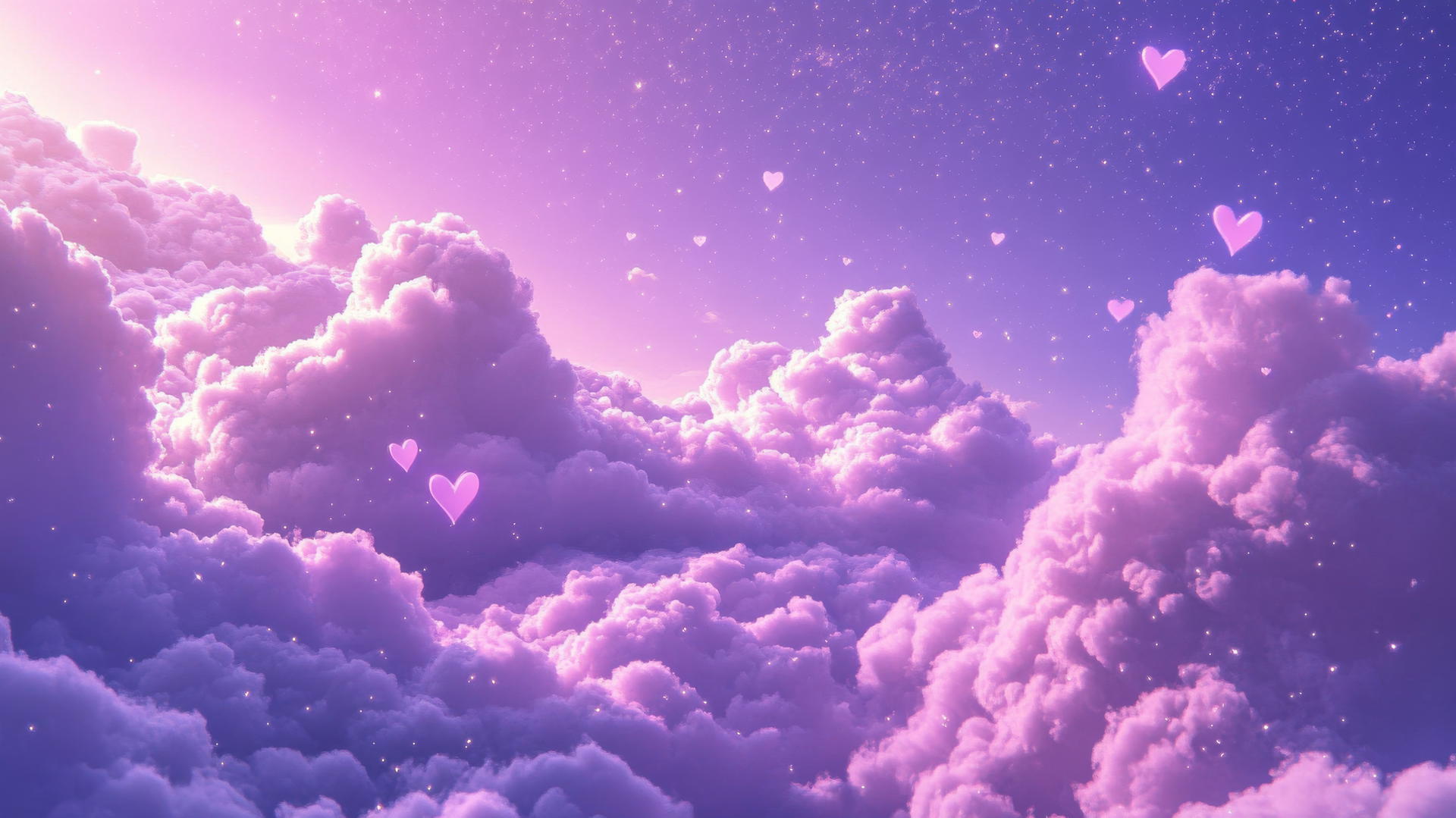 aesthetic purple wallpaper with heart-shaped clouds and sparkles in a lavender sky