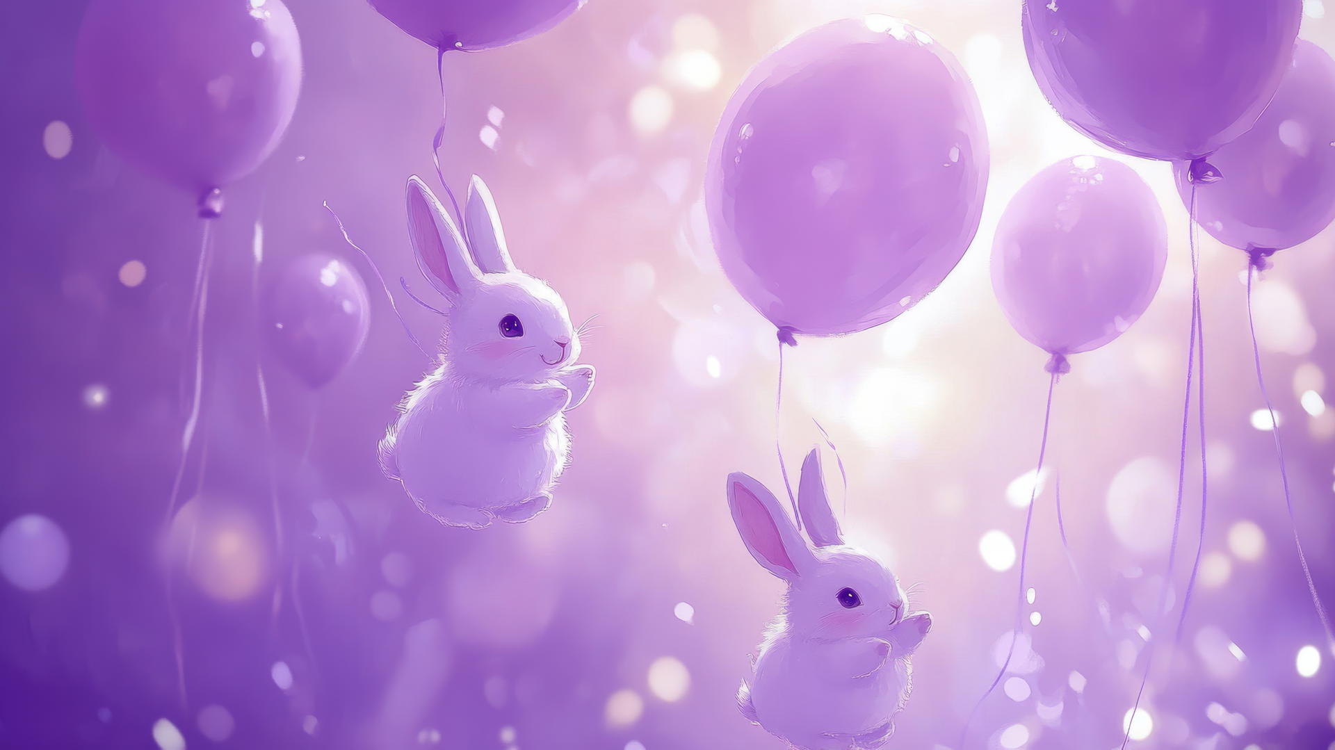 cute purple aesthetic wallpaper with happy bunnies and floating balloons