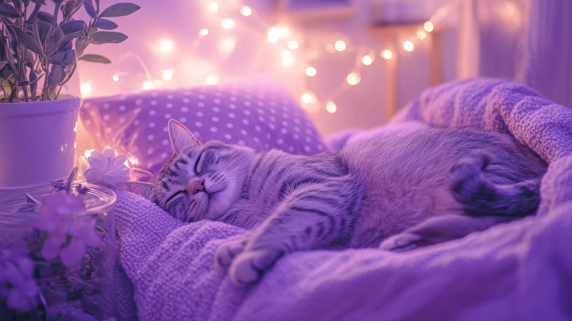 cute purple aesthetic wallpaper with polka dot pillows and a sleeping cat