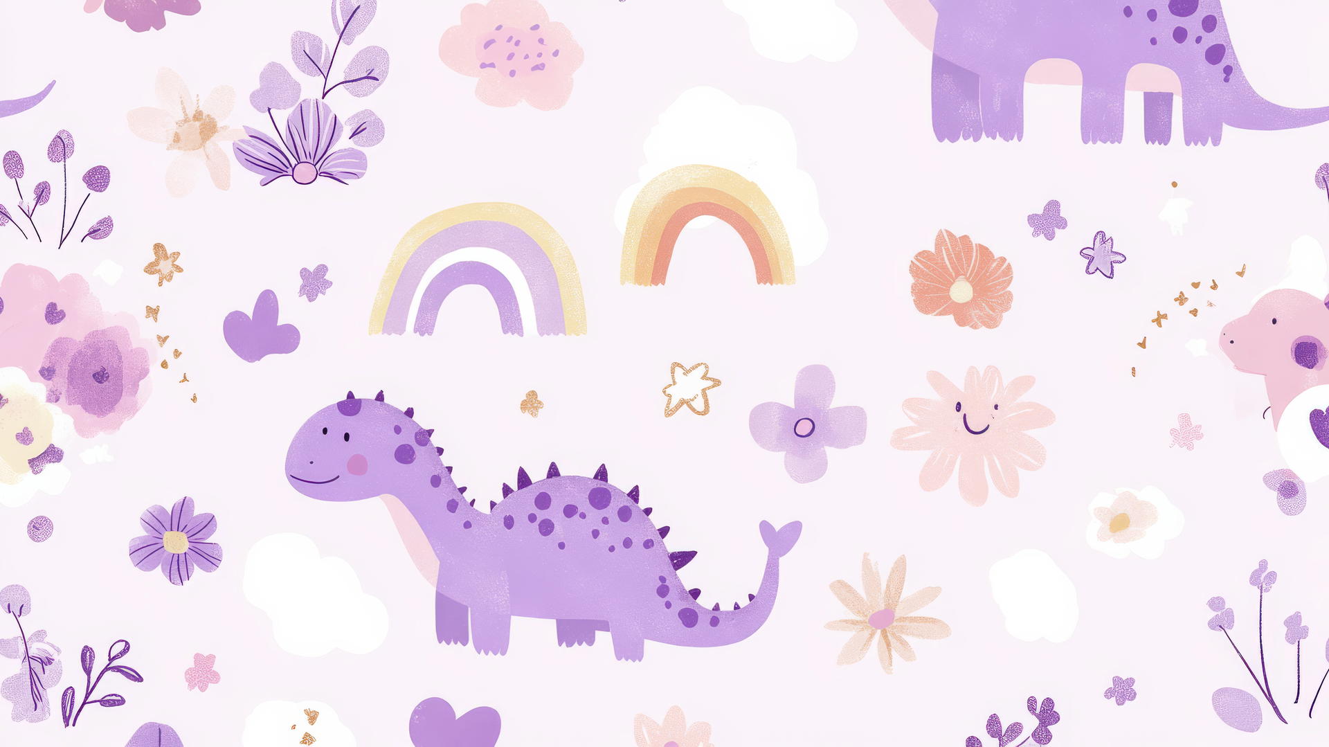 cute purple aesthetic wallpaper with tiny dinosaurs, flowers, rainbows in doodle style