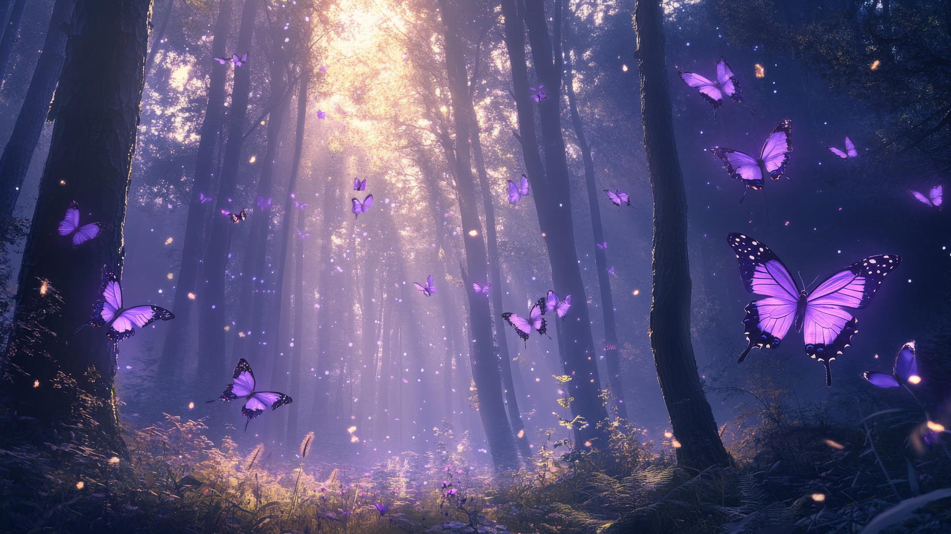 purple butterfly wallpaper glowing in magical forest