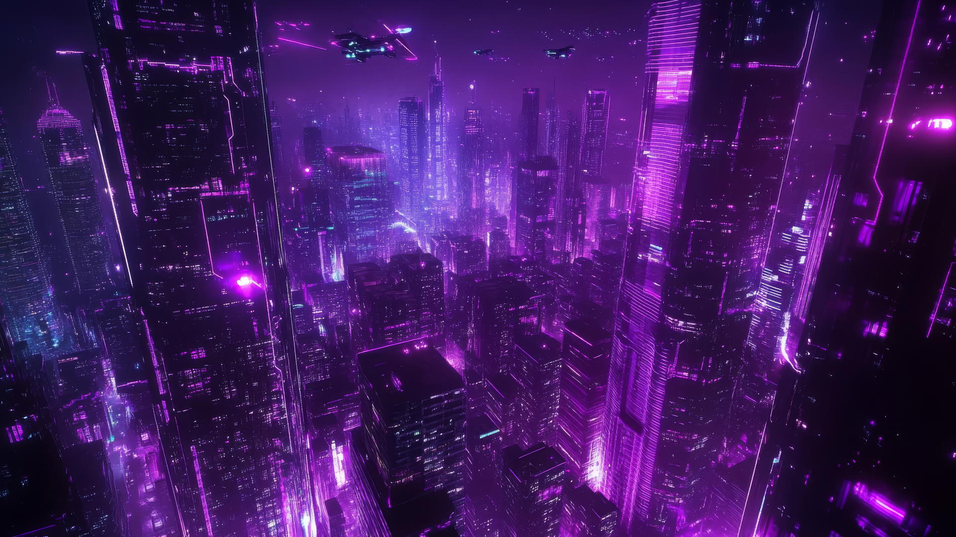 purple wallpaper aesthetic with futuristic neon cityscape, glowing purple skyscrapers, and flying cars
