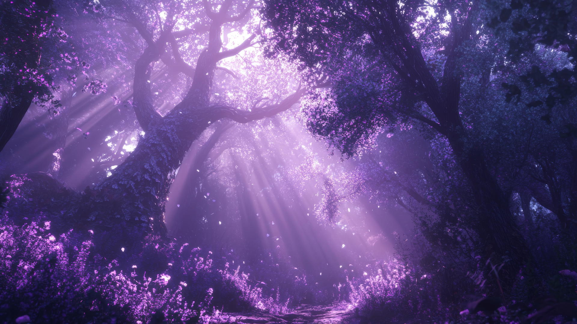 purple wallpaper aesthetic of a mystical forest with glowing purple trees and enchanted creatures