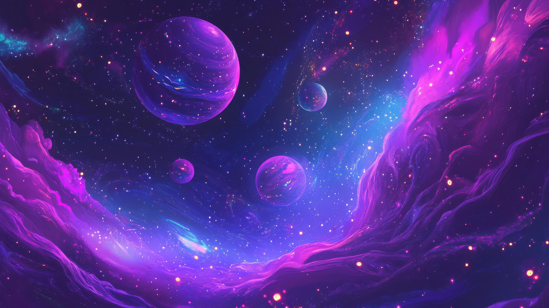 neon purple galaxy with swirling stars, glowing nebulae, and distant planets