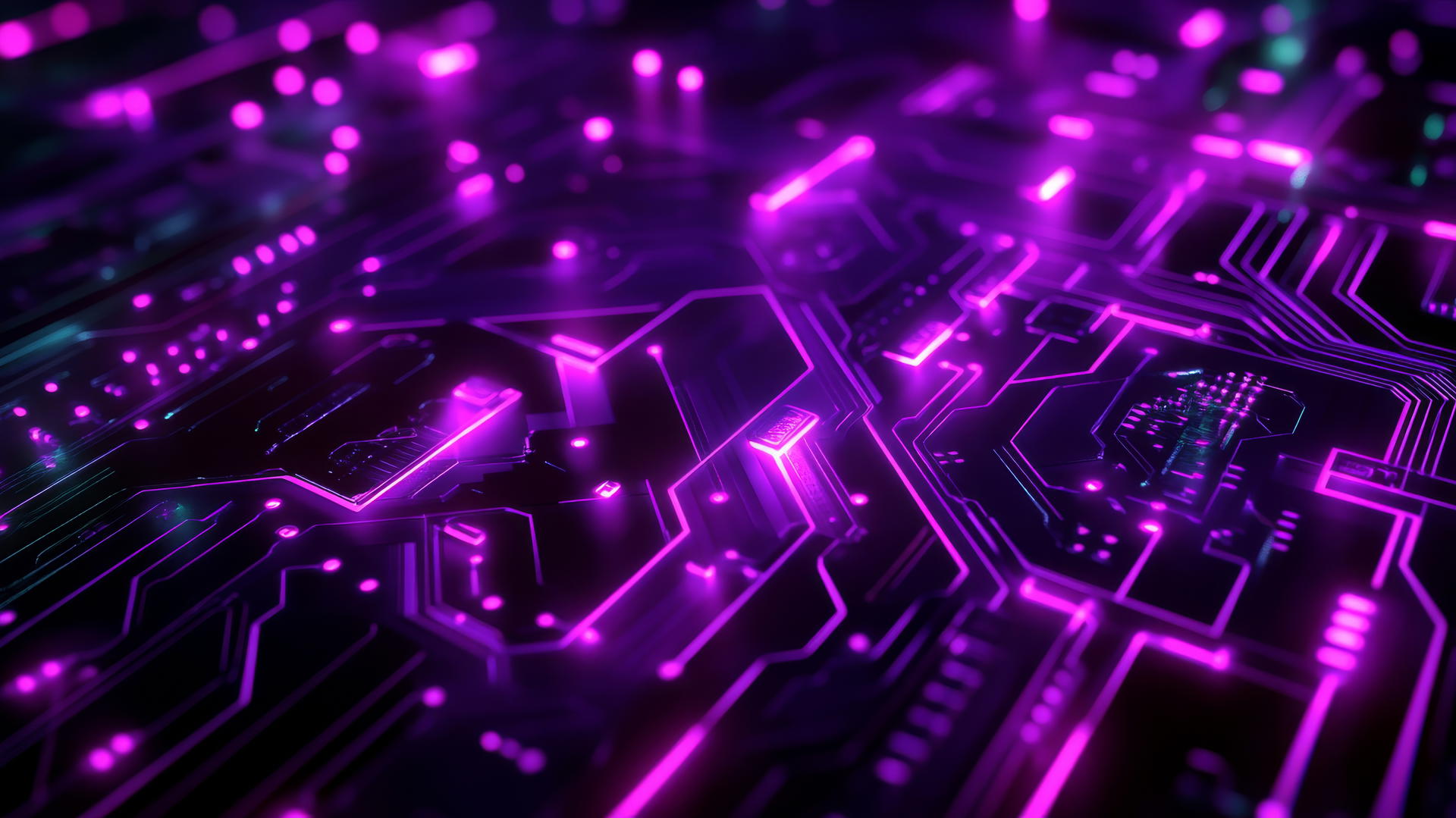 Neon purple aesthetic wallpaper with glowing circuit board designs on a black surface.