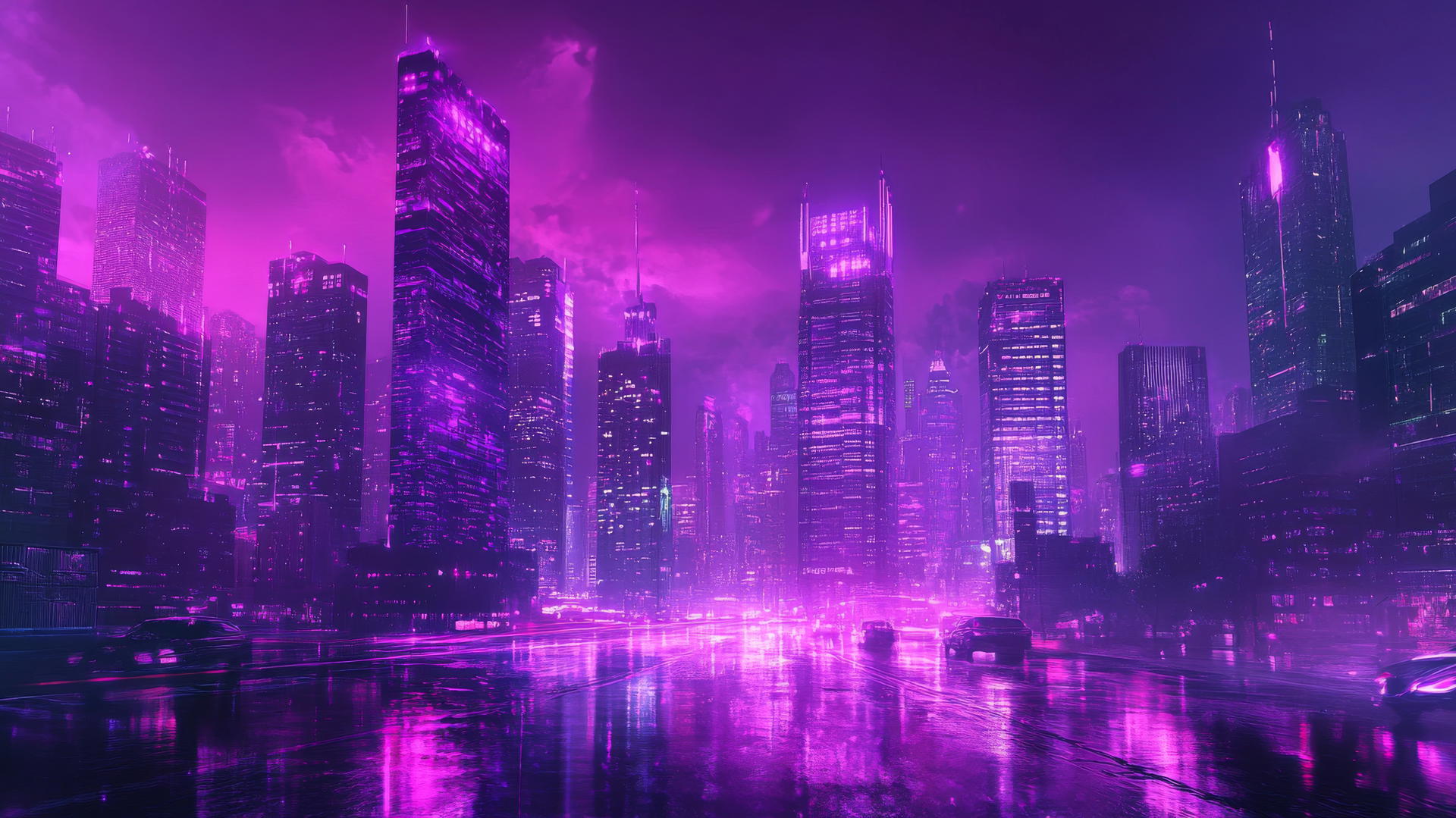 neon purple aesthetic wallpaper with glowing skyscrapers and vibrant reflections