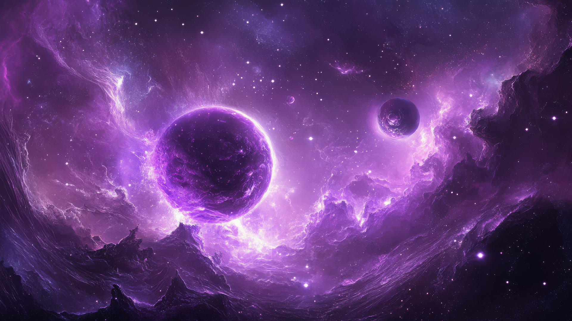 dark purple wallpaper with swirling nebulae, distant stars, and glowing planets