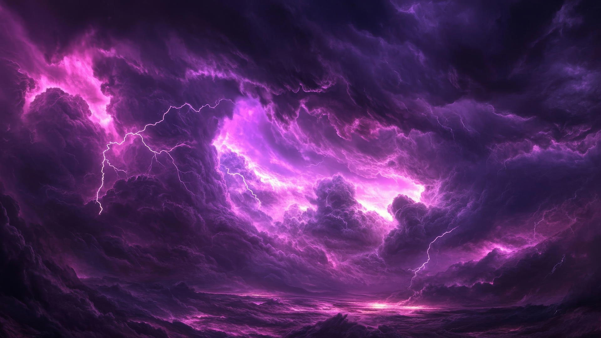 dark purple wallpaper with storm cloud and lightning bolts over horizon