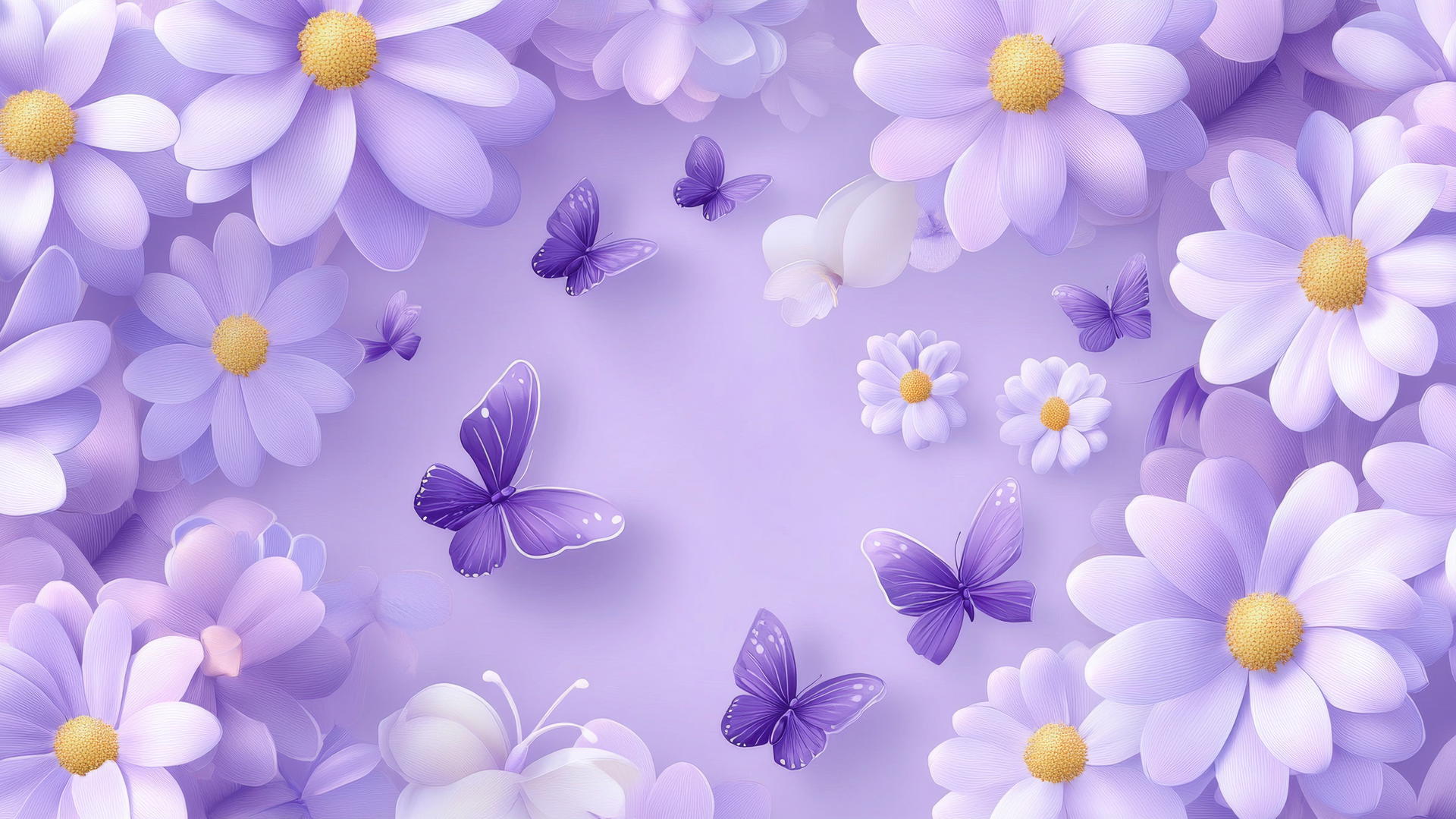 purple flower wallpaper with whimsical cartoon-style daisies and butterflies