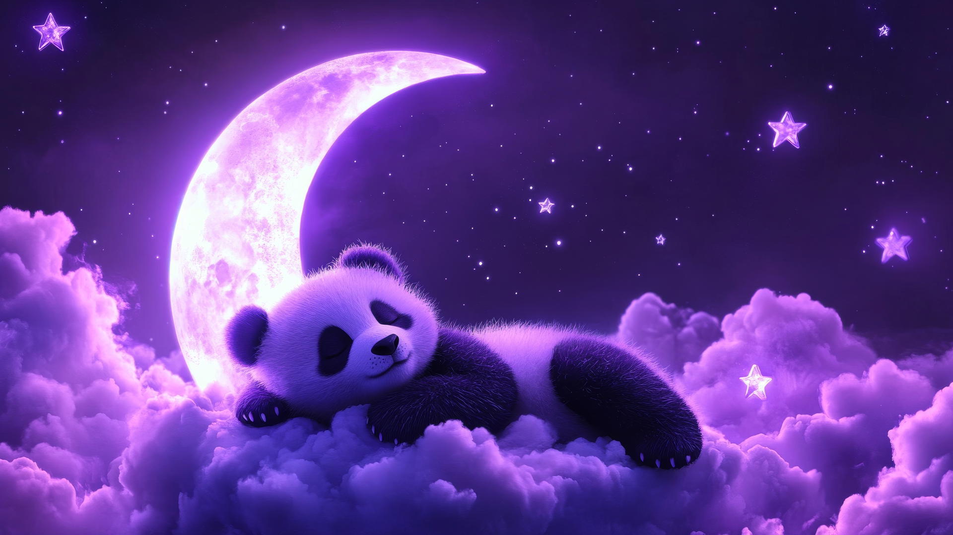 cute panda wallpaper 4k with sleepy purple panda on crescent moon amid glowing stars