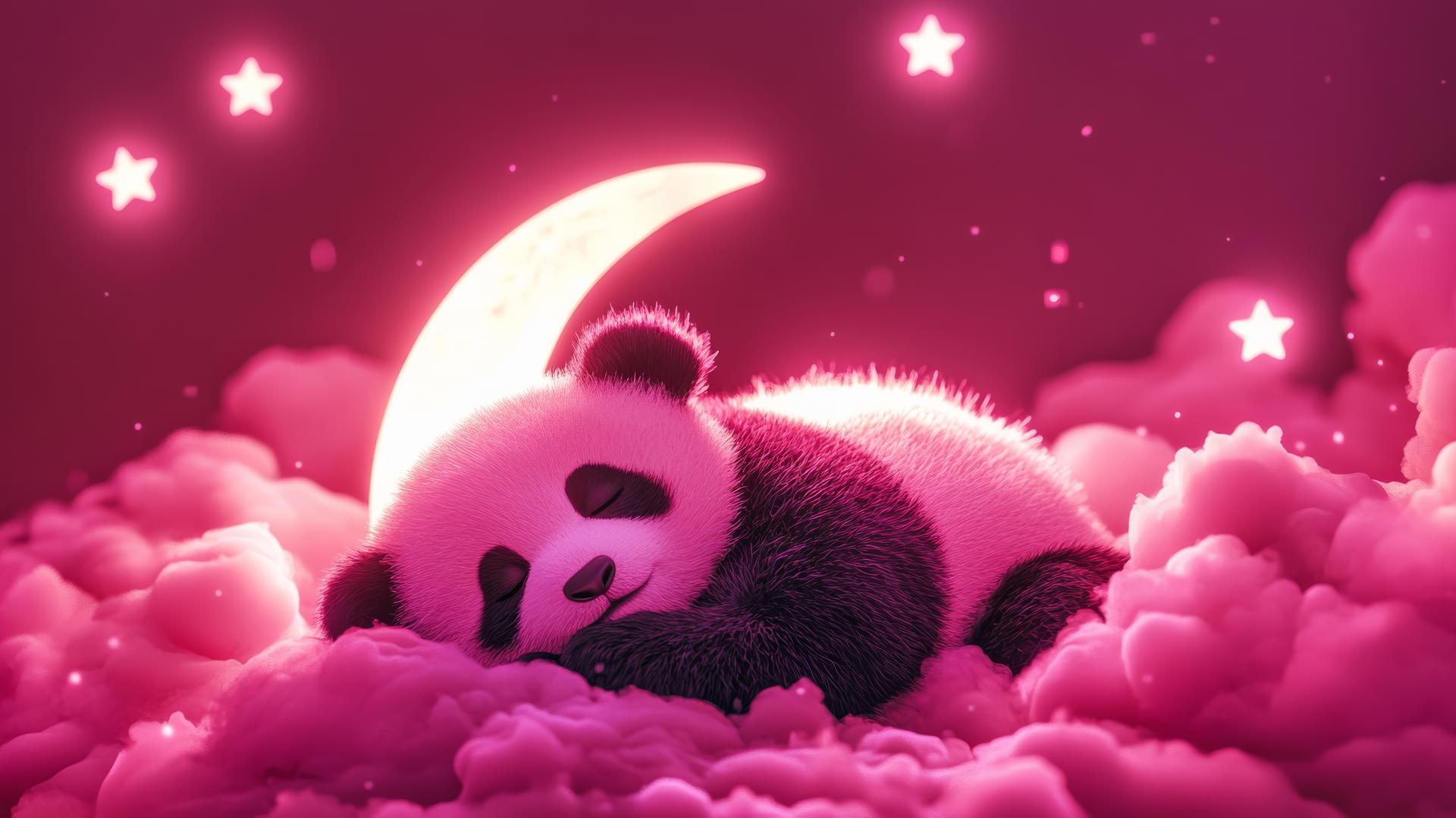 cute panda wallpaper 4k, pink panda resting on crescent moon with stars and pastel clouds