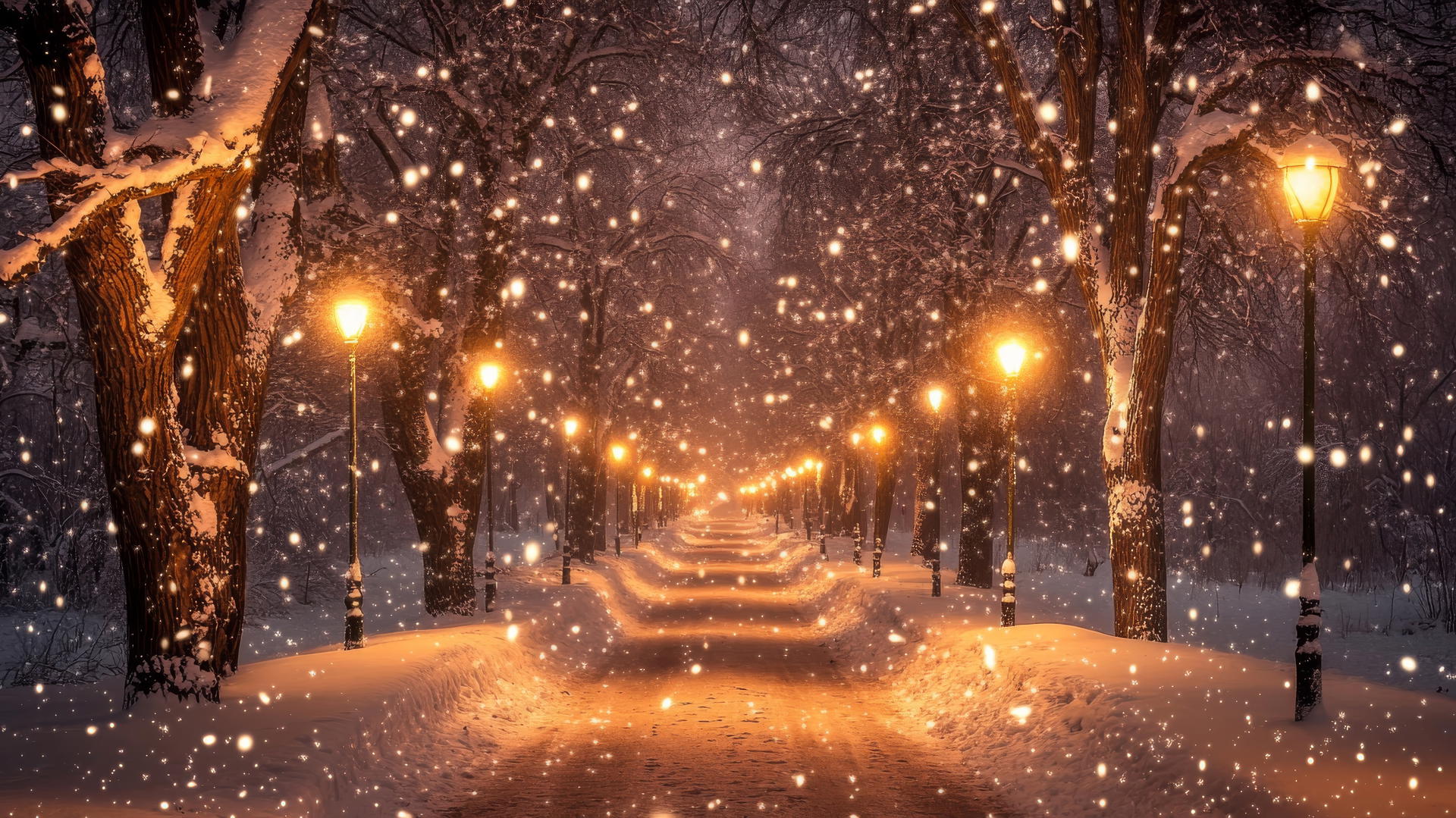 winter wallpaper of an enchanting snow-covered pathway with frost-covered trees and soft, golden streetlights
