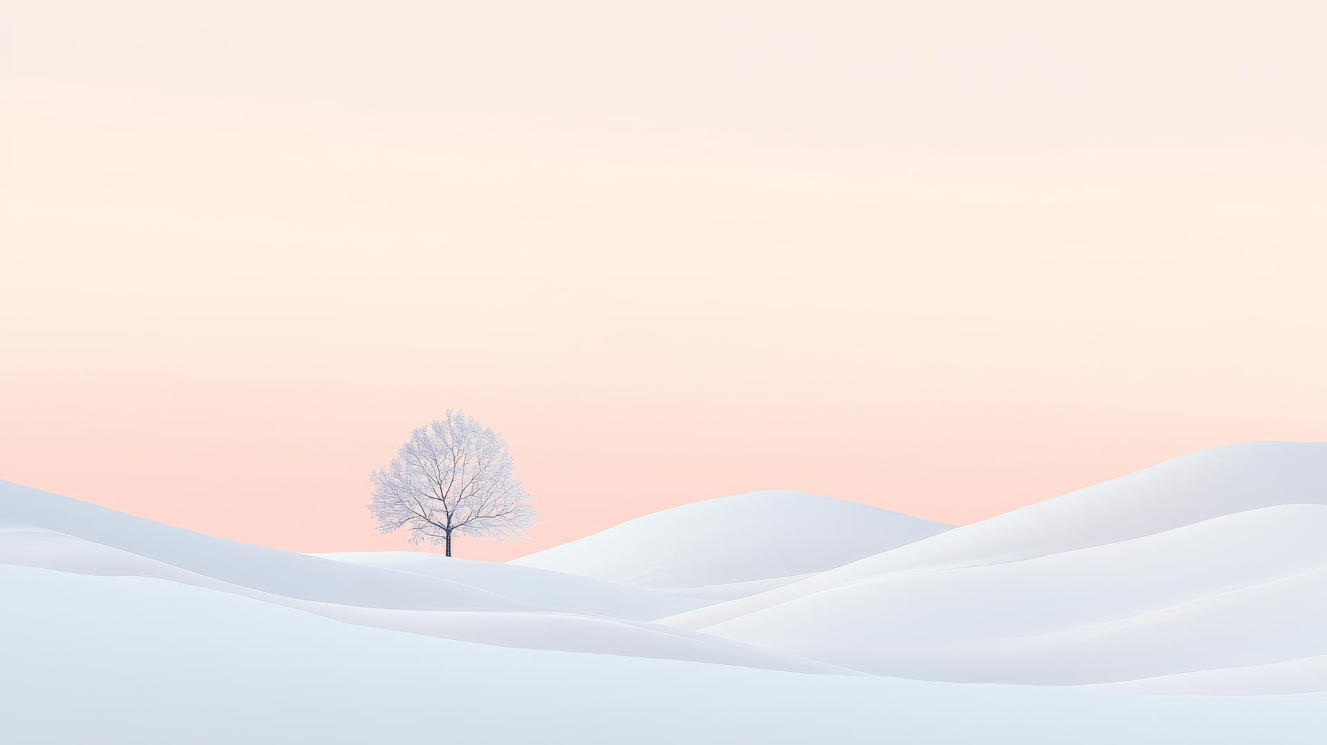 winter aesthetic wallpaper with soft rolling hills, single tree, pastel skies