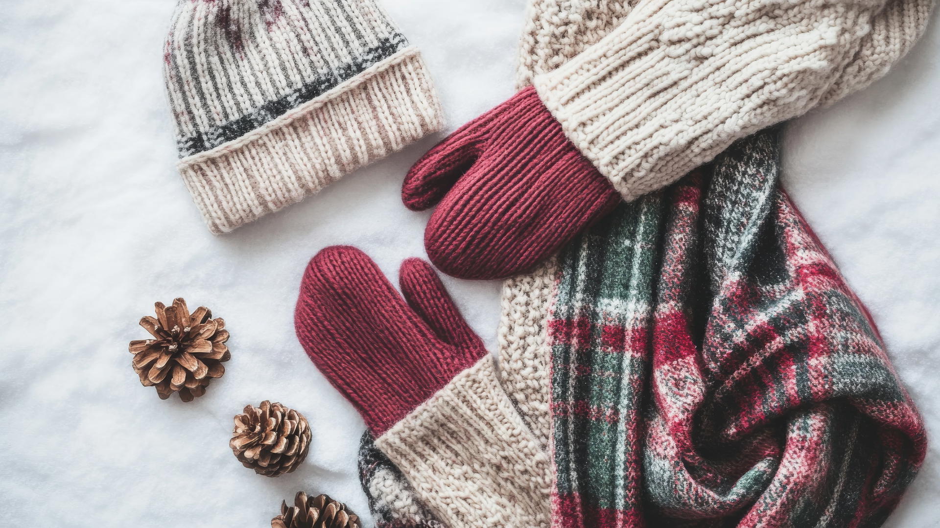 winter aesthetic wallpaper with winter fashion essentials like gloves, wool hat, and plaid scarf