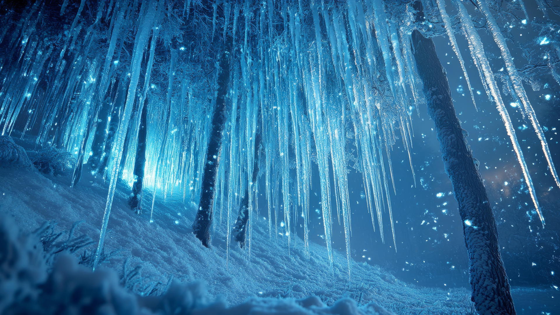 aesthetic winter wallpaper with icy blue and silver tones, crystal-clear icicle forest, glowing blue lights