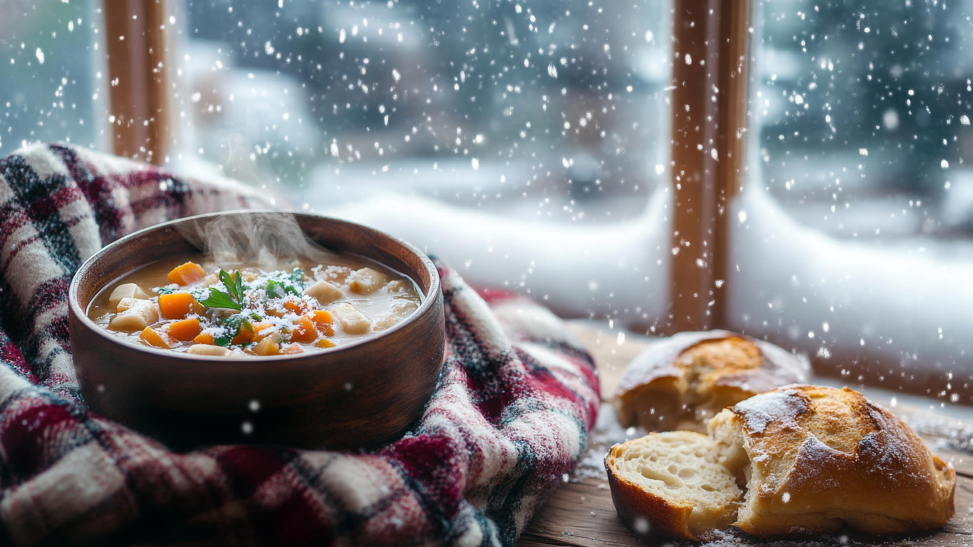 Cozy winter iPhone wallpaper with a steaming bowl of soup on a wooden table.