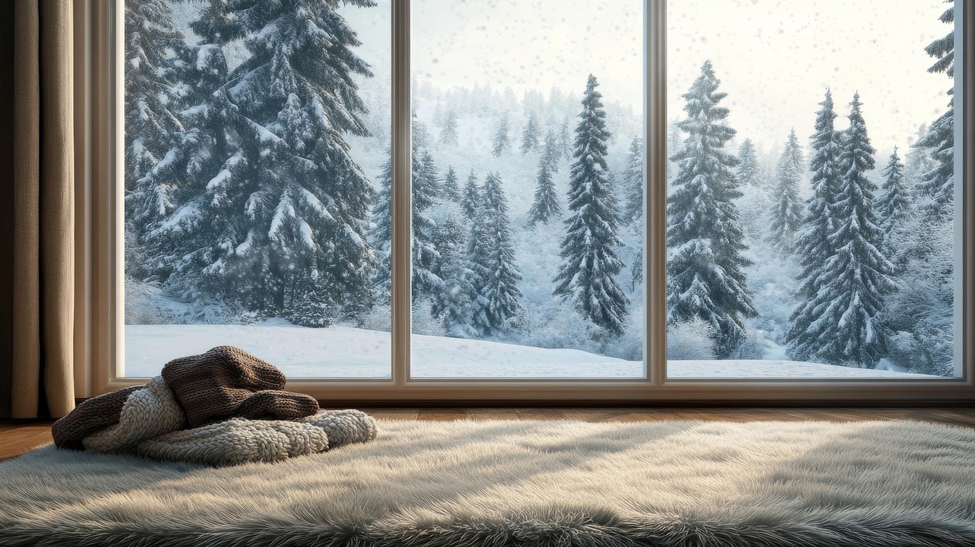 cozy winter iPhone wallpaper with a soft furry rug, snow-covered trees, and winter socks