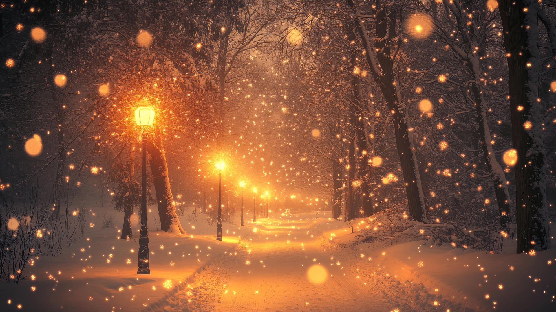 A beautiful winter wallpaper featuring a snowy pathway, vintage street lamps, and trees covered in snow.