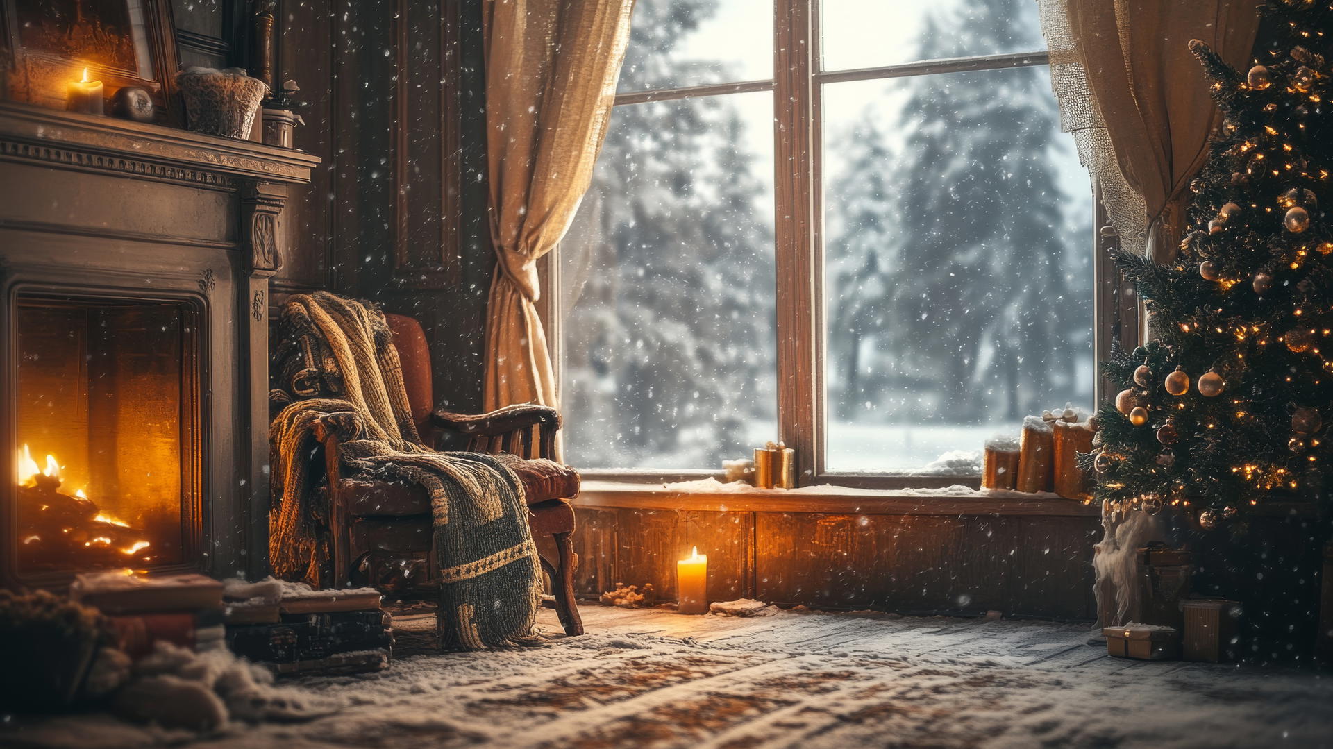 Winter wallpaper aesthetic with cozy wool coat and scarf by a fireplace