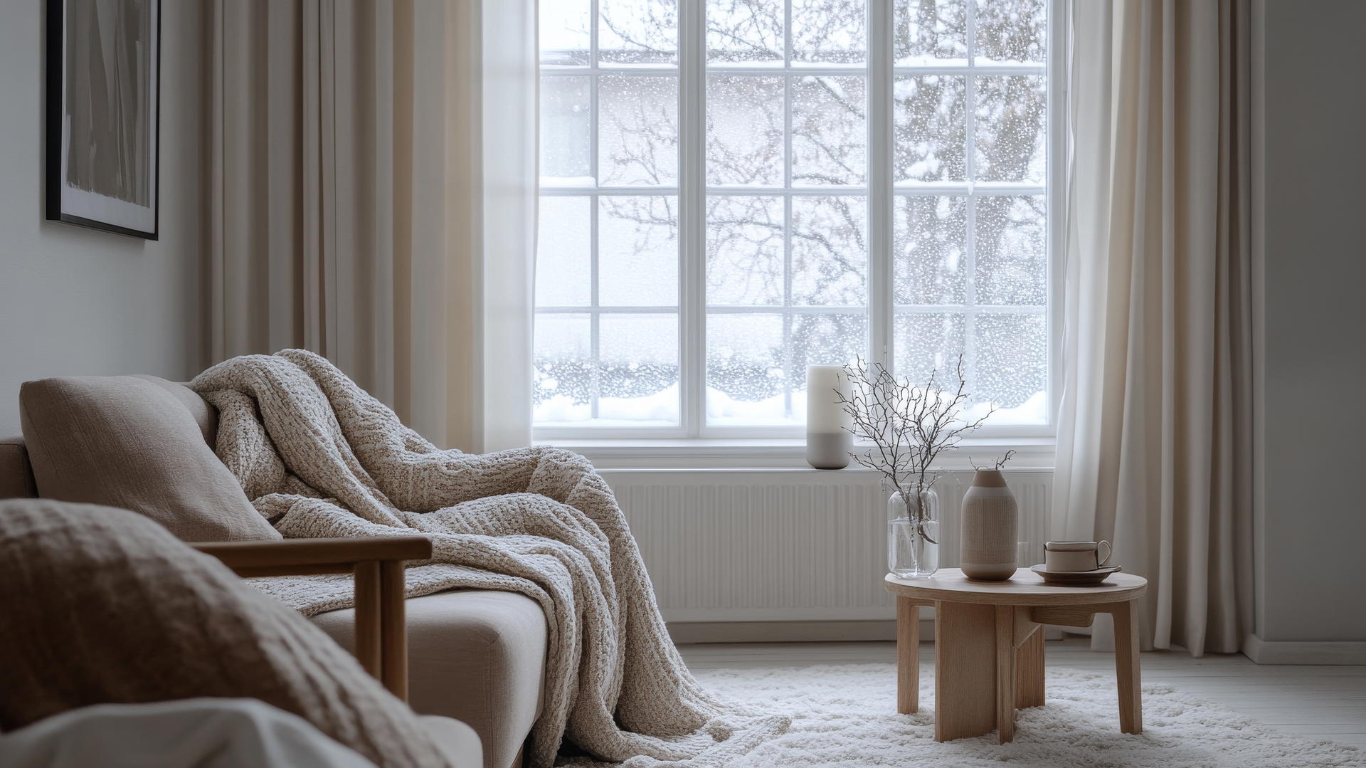Scandinavian living room with cozy blankets, minimalist furniture, frosted window, winter wallpaper aesthetic