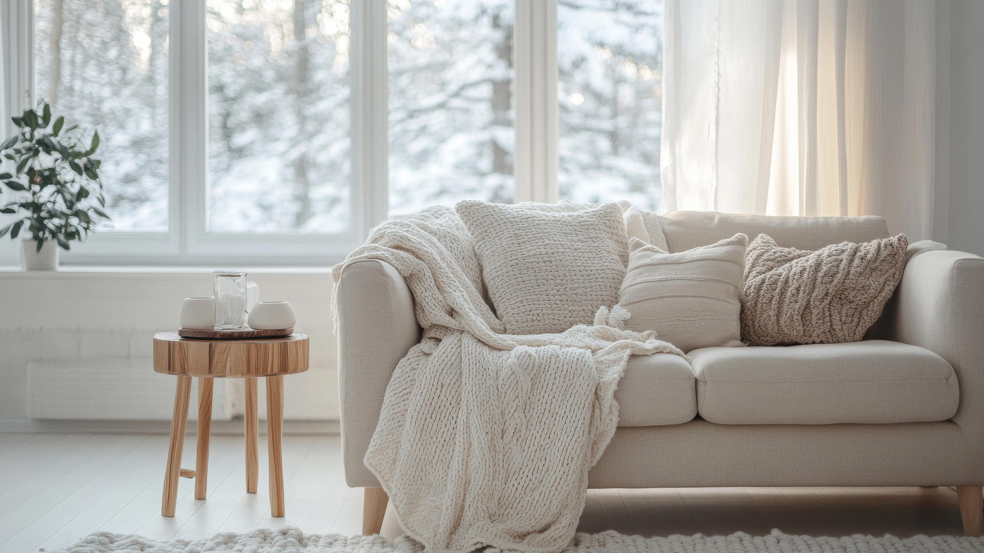 A cozy Scandinavian-inspired living room with a winter wallpaper aesthetic
