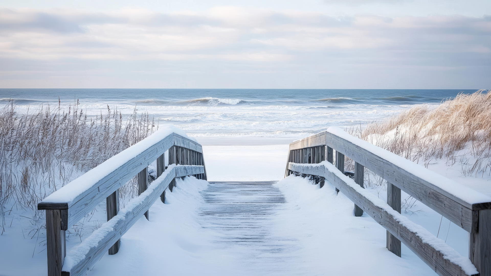winter wallpaper aesthetic of a snowy boardwalk leading to a frozen beach