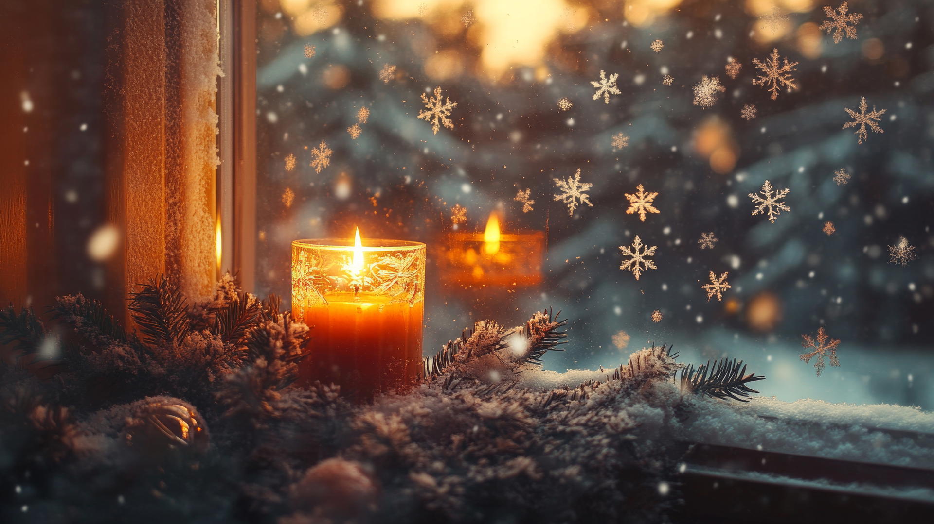 A winter wallpaper aesthetic featuring a cozy, candlelit windowsill with pine branches and snowflakes on frosted glass, gentle snowfall outside.