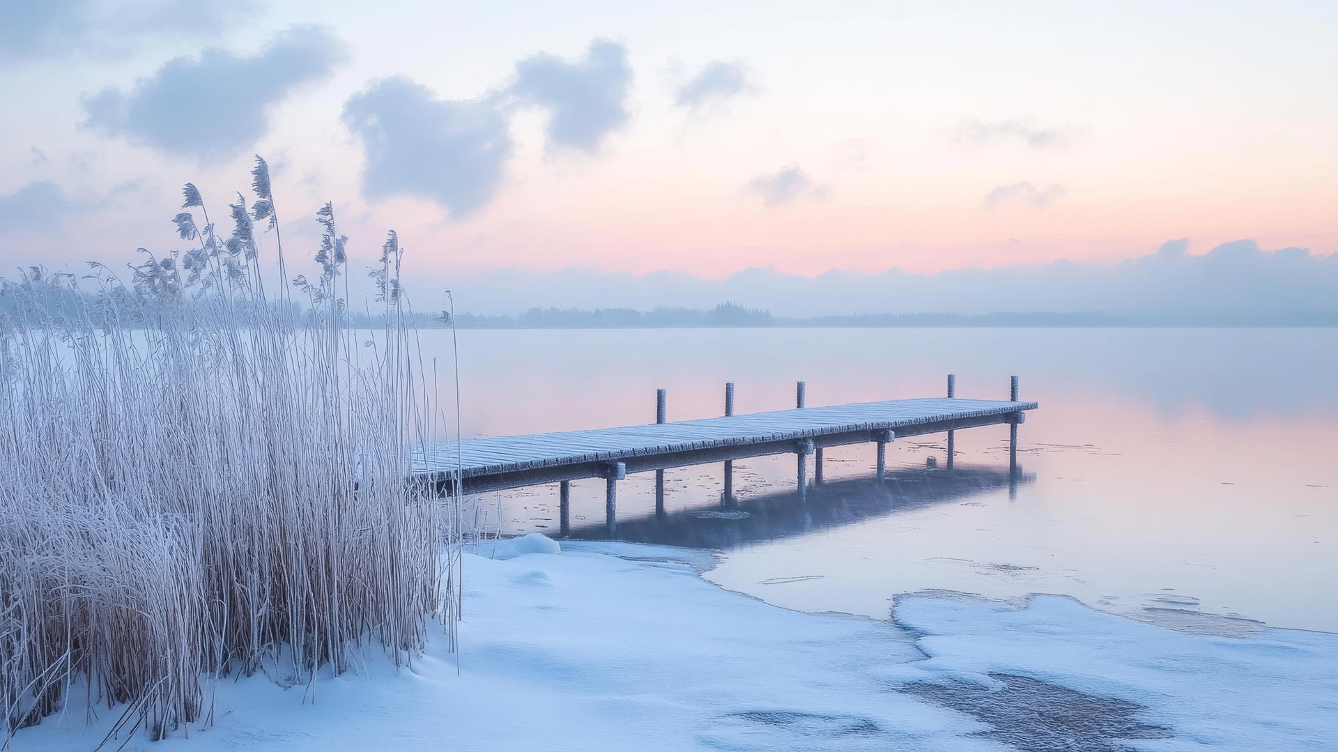 Serene winter lake with a wooden pier, frosty reeds, pastel pink and blue sky reflecting in frozen water, winter wallpaper aesthetic