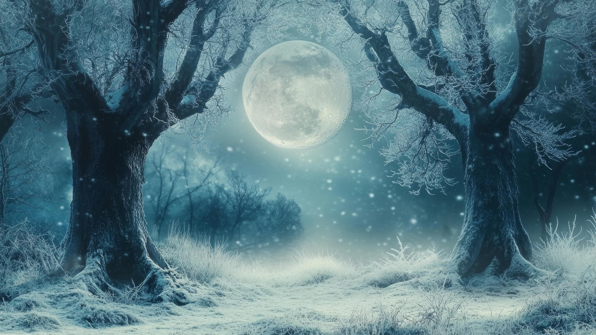 Winter background wallpaper with a mystical forest, ancient trees, and glowing frost under full moon.