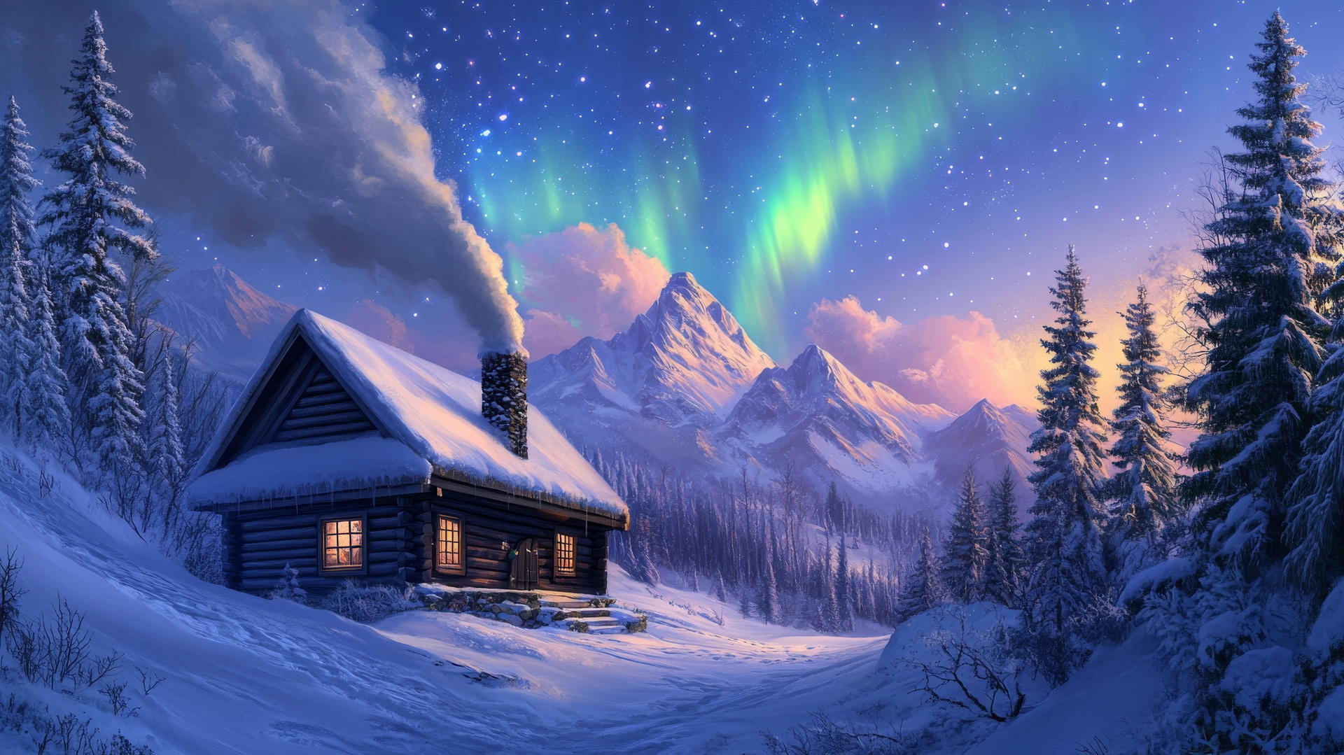 winter background wallpaper with a snow-covered mountain cabin, chimney smoke, pine trees, and northern lights