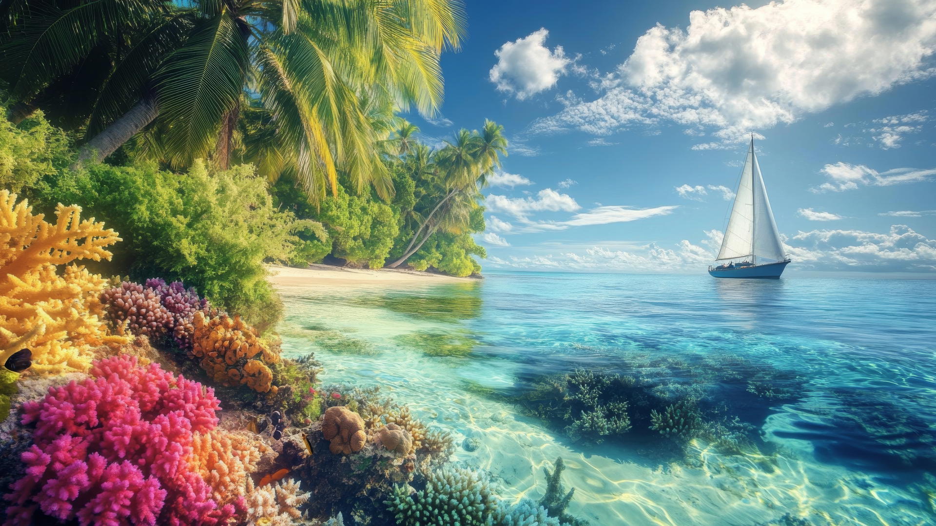 tropical beach with coral reef, palm trees, and sailboat - beach pictures wallpaper