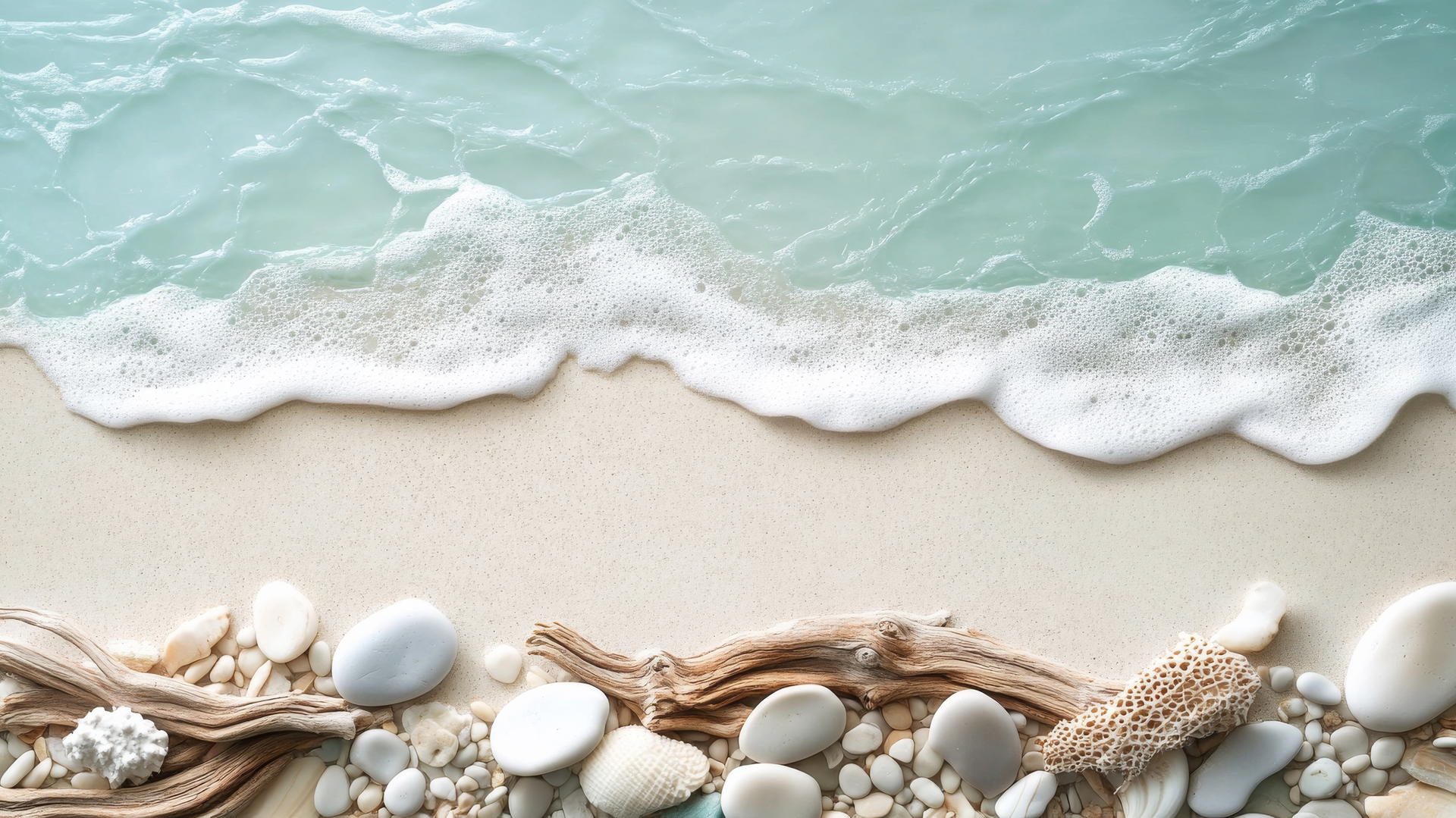Boho beach aesthetic with driftwood, stones, seafoam on sand