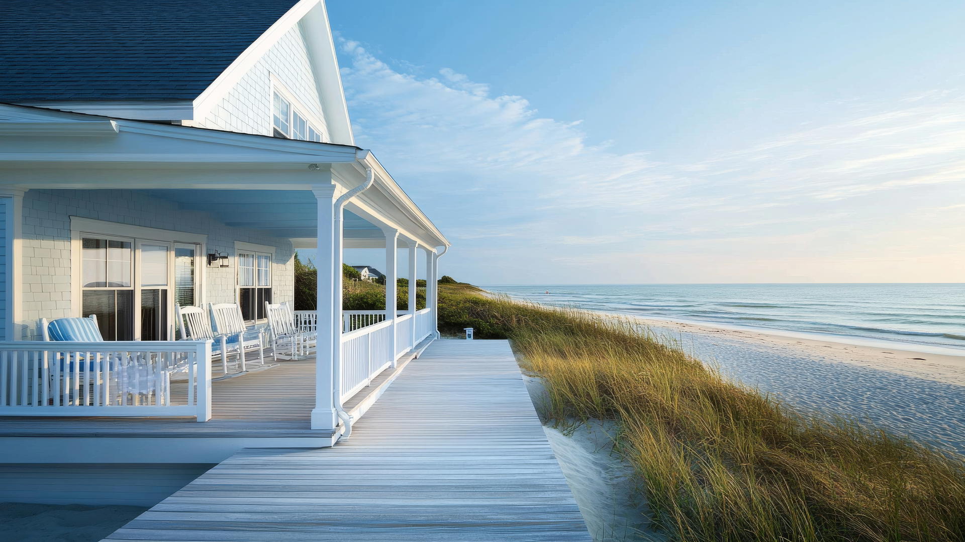 beach house wallpaper with white and blue painted coastal house, wooden boardwalk, ocean view from porch