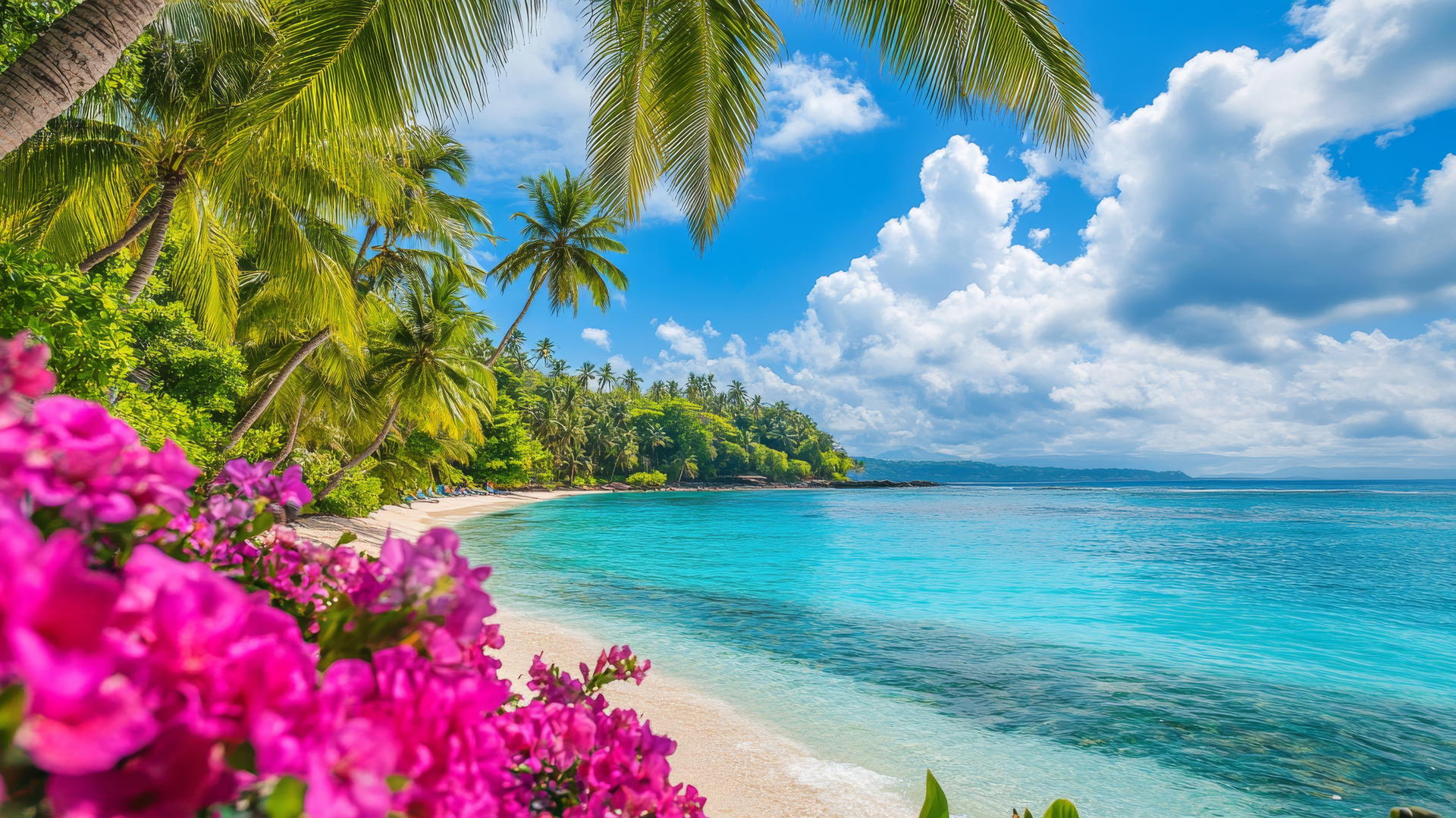 tropical beach wallpaper with lush palm trees, turquoise water, and bright flowers