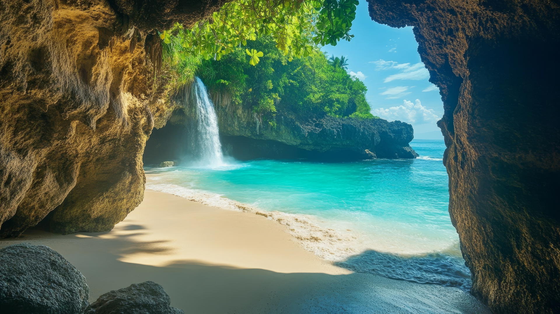 tropical beach wallpaper with cliffs, white sand, blue water, and distant waterfall