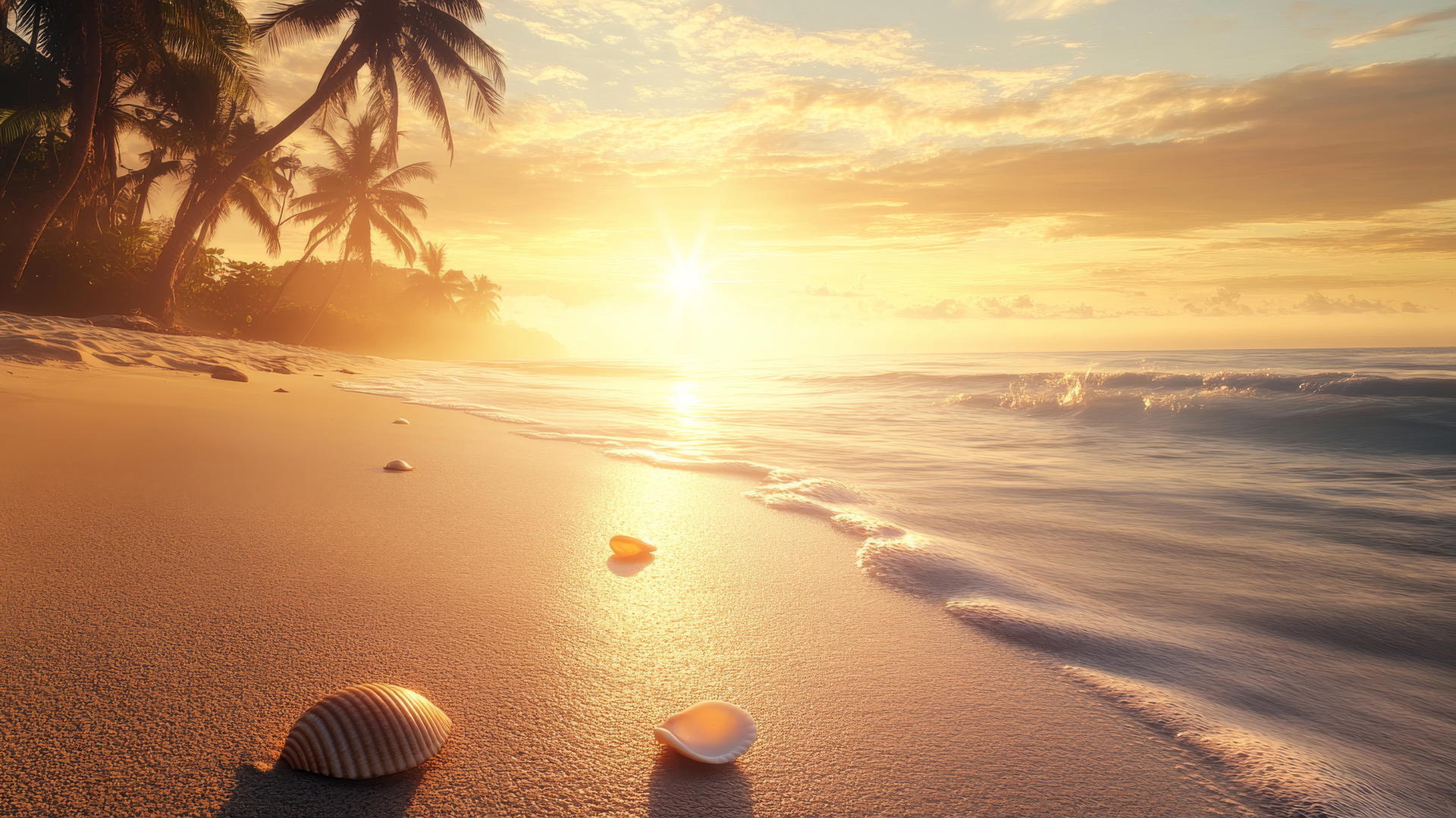 tropical beach wallpaper with sunrise, golden light, palm trees, and seashells